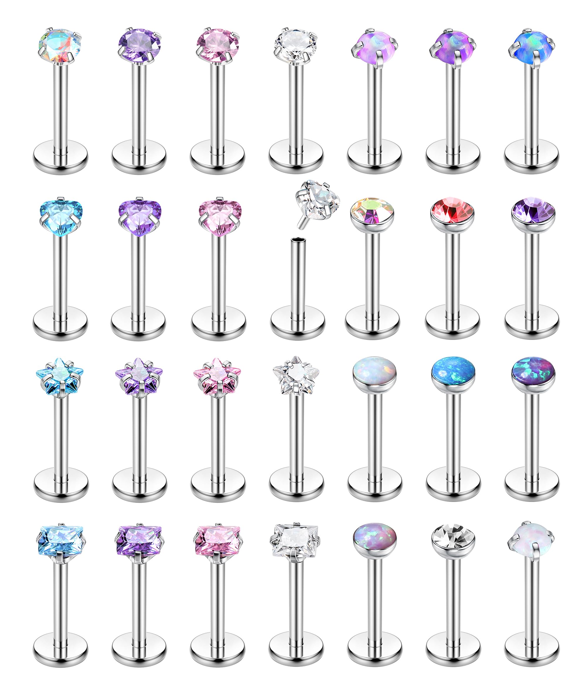 Adramata 28Pcs Piercing Nariz Acero Quirurgico Piercing Labret Sin Hilos Piercing Medusa Piercing Labio CZ Opal Piercing Oreja Cartilago Pequeño Pendiente Piercing Helix Piercing Tragus 20G 18G 16G