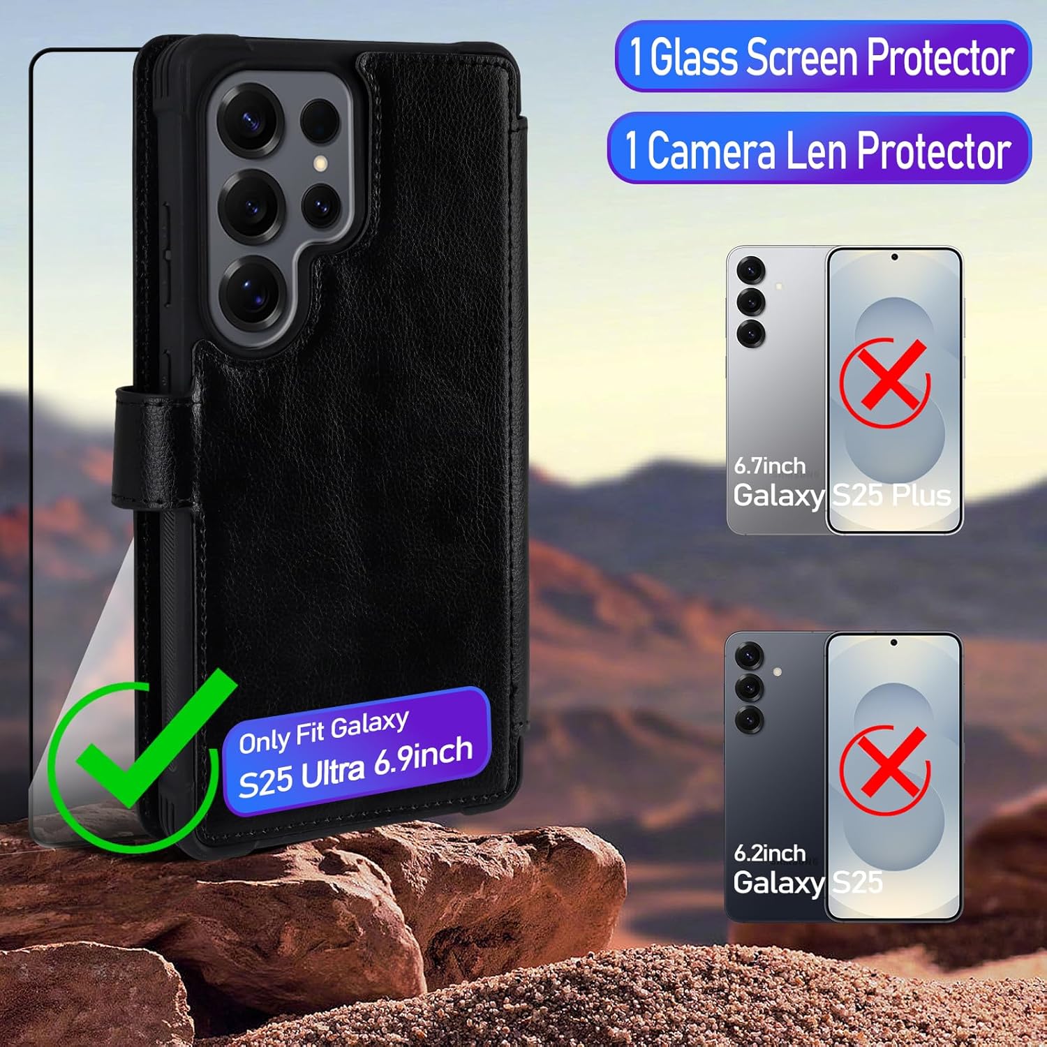VANAVAGY Wallet Case for Galaxy S25 Ultra with RFID Flip Card Holder,[Glass Screen Protector & Camera Lens Protector] PU Leather Phone Cover with Wrist Strap for Wireless Charging, Black