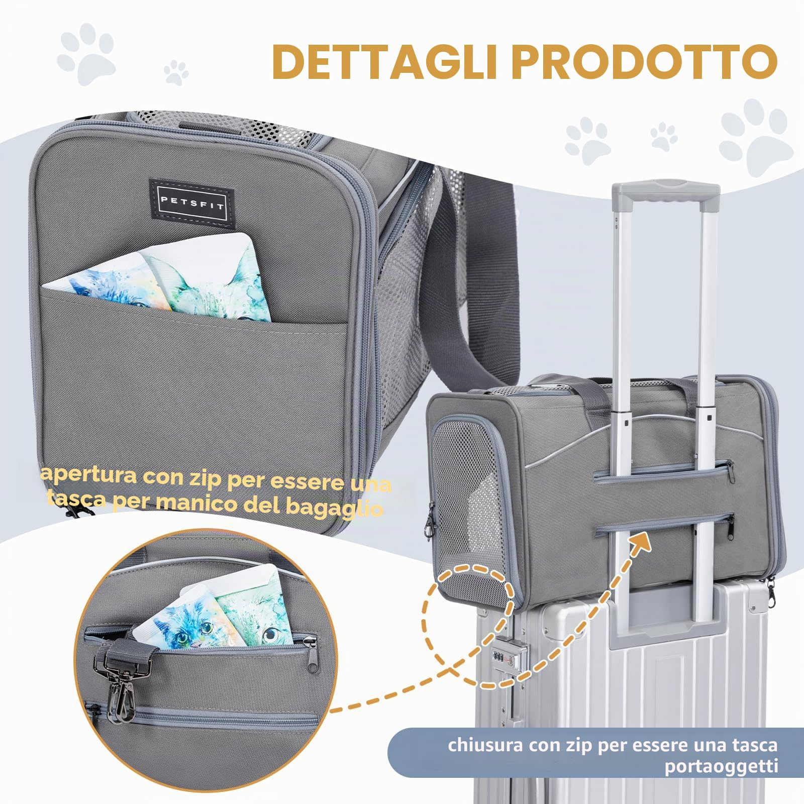 Petsfit Trasportino per Gatti e Cani Traspirante Leggero Trasportino per Cani con 2 Cuscini Lavabile Borsa da Viaggio per Aereo Auto - S/Grigio