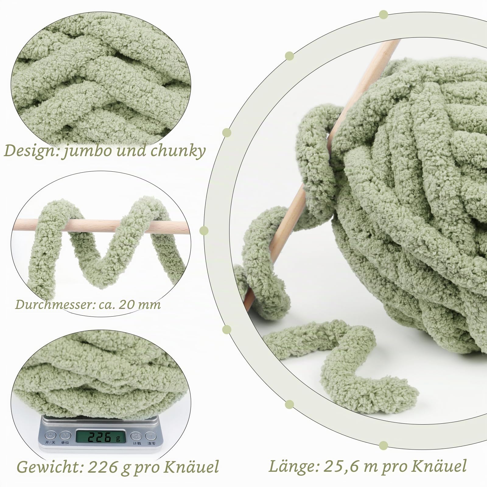 6 Stränge Armstricken Wolle für Decke Stricken 2cm x 25.6m Chenille Wolle zum Häkeln 226g Handstrickgarn Chunky Yarn, Dicke Schlauchgarn zum Handstricken Decken, Tasche, Haustier Bett