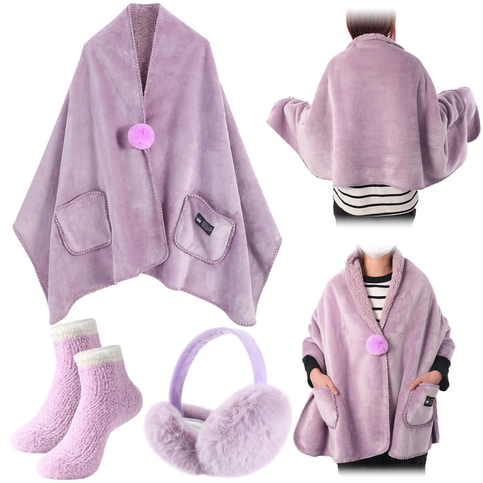 Geyoga Lot de 3 ponchos en polaire confortables avec grandes poches avant pliables - Chaussettes douces et pelucheuses - Cadeaux de Noël pour femme et grand-mère, violet, 65*170cm