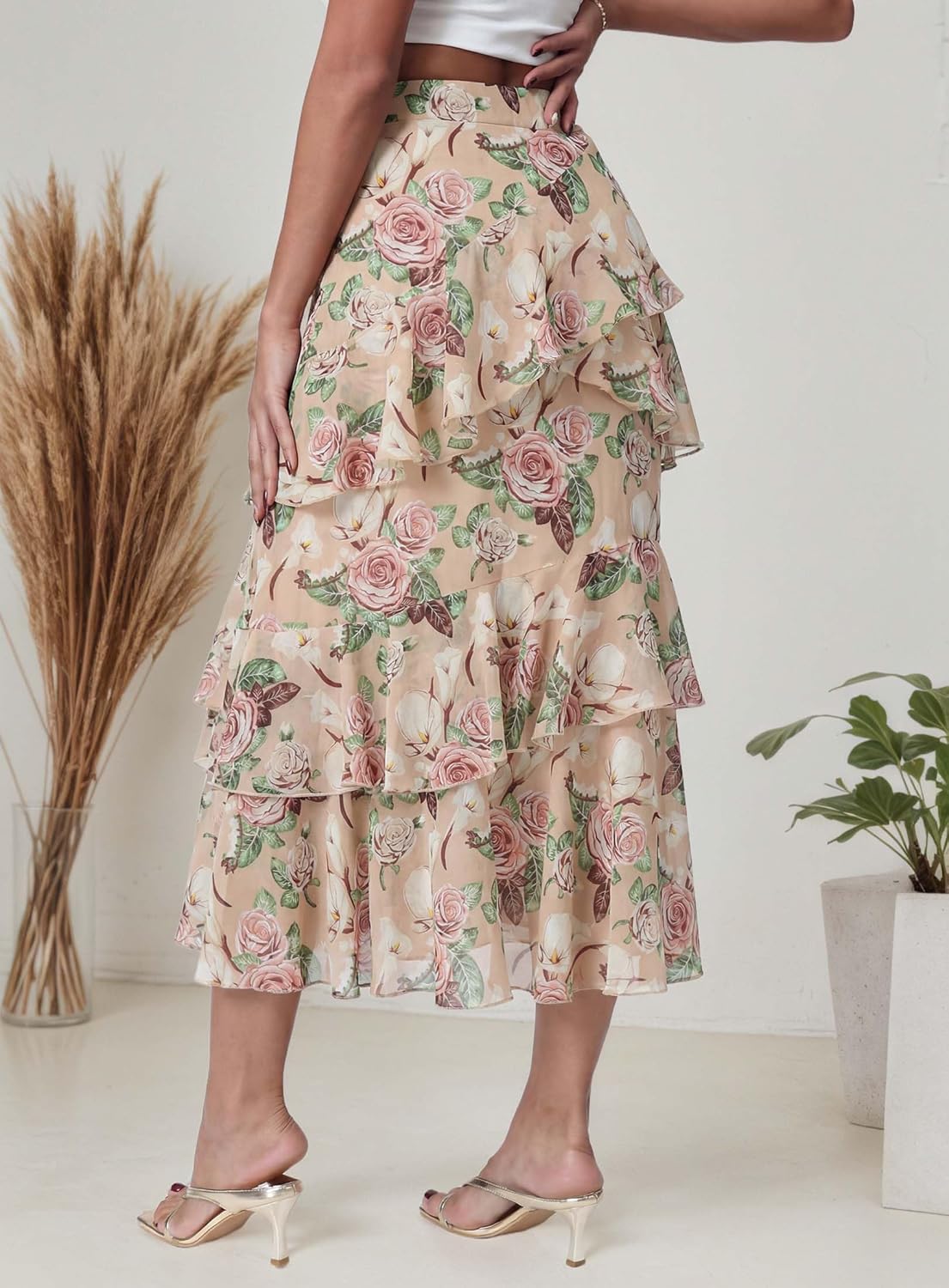 DERAX Women's Floral Boho Midi Skirt A Line Tiered Ruffle Chiffon High Waist 2026 Spring Summer Long Skirts - Image 2