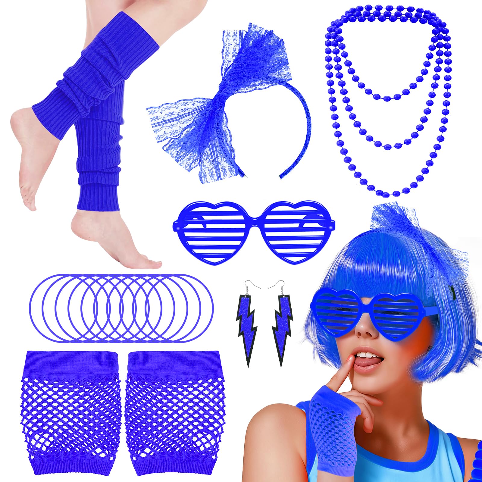 80s Fancy Dress Accessories Set, 1980s Retro Costume Kit with Bow Headband Leg Warmers Fishnet Gloves Earrings Necklace for Women Girls 80s Theme Party Hen Do Party Supplies (Dark Blue)