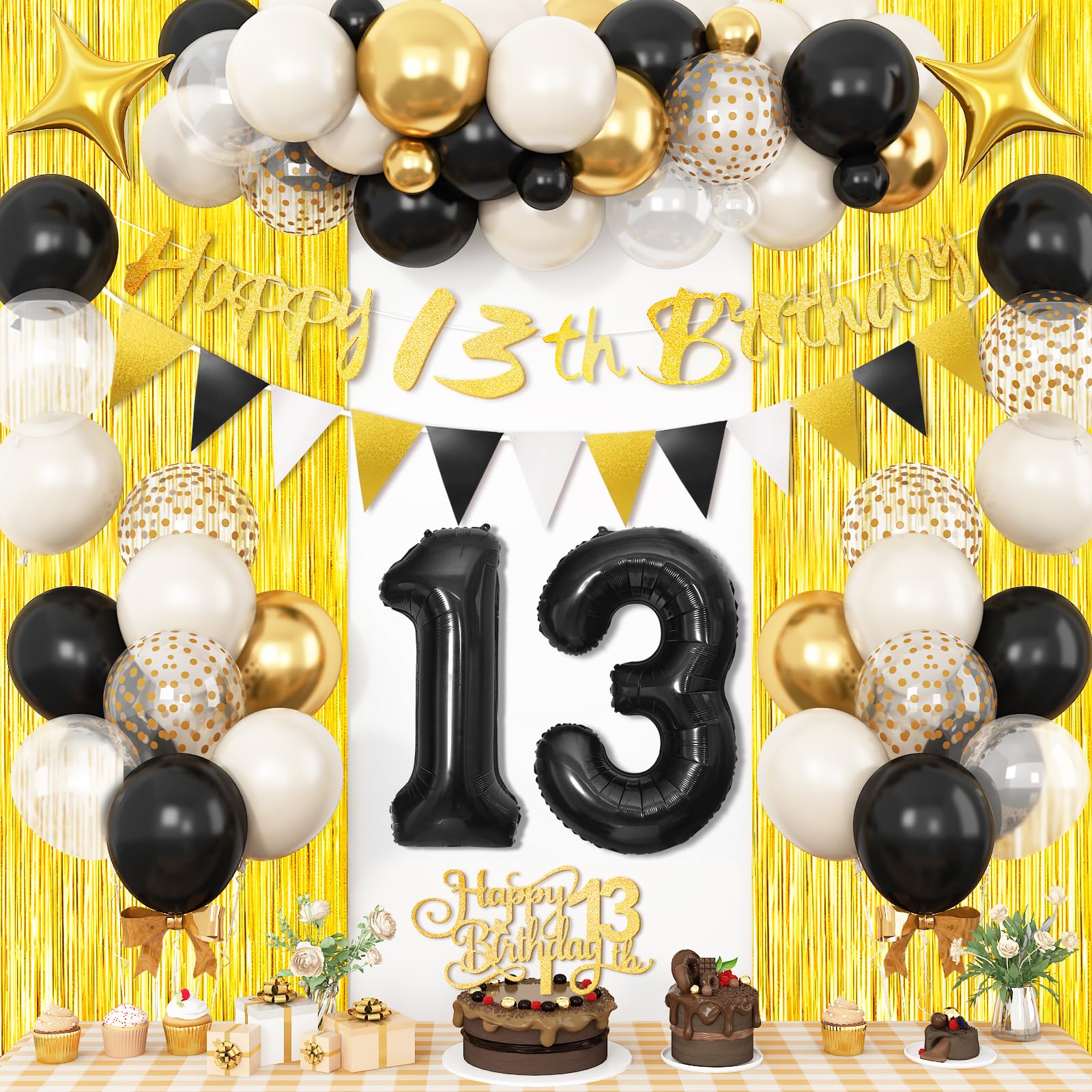 13th Birthday Decorations for Boys, Black Gold and White 13th Birthday Balloons, 13th Happy Birthday Banner with Fringe Curtain Cake Topper Number 13