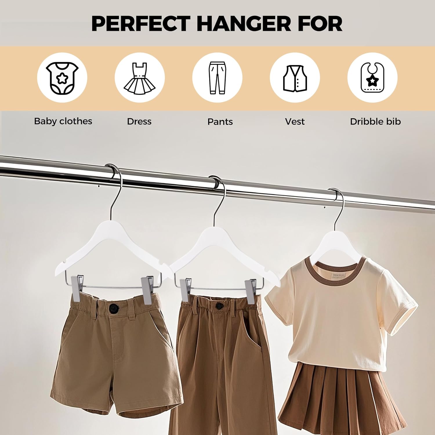 Quality 12-Inch Ultra Slim Kids Wooden Hangers – 20-Pack – Space Saving White Design with Nickel Swivel Hook – for Baby Clothes, Shirts & Dresses (White, Skirt/Blouse, 20 Pack)
