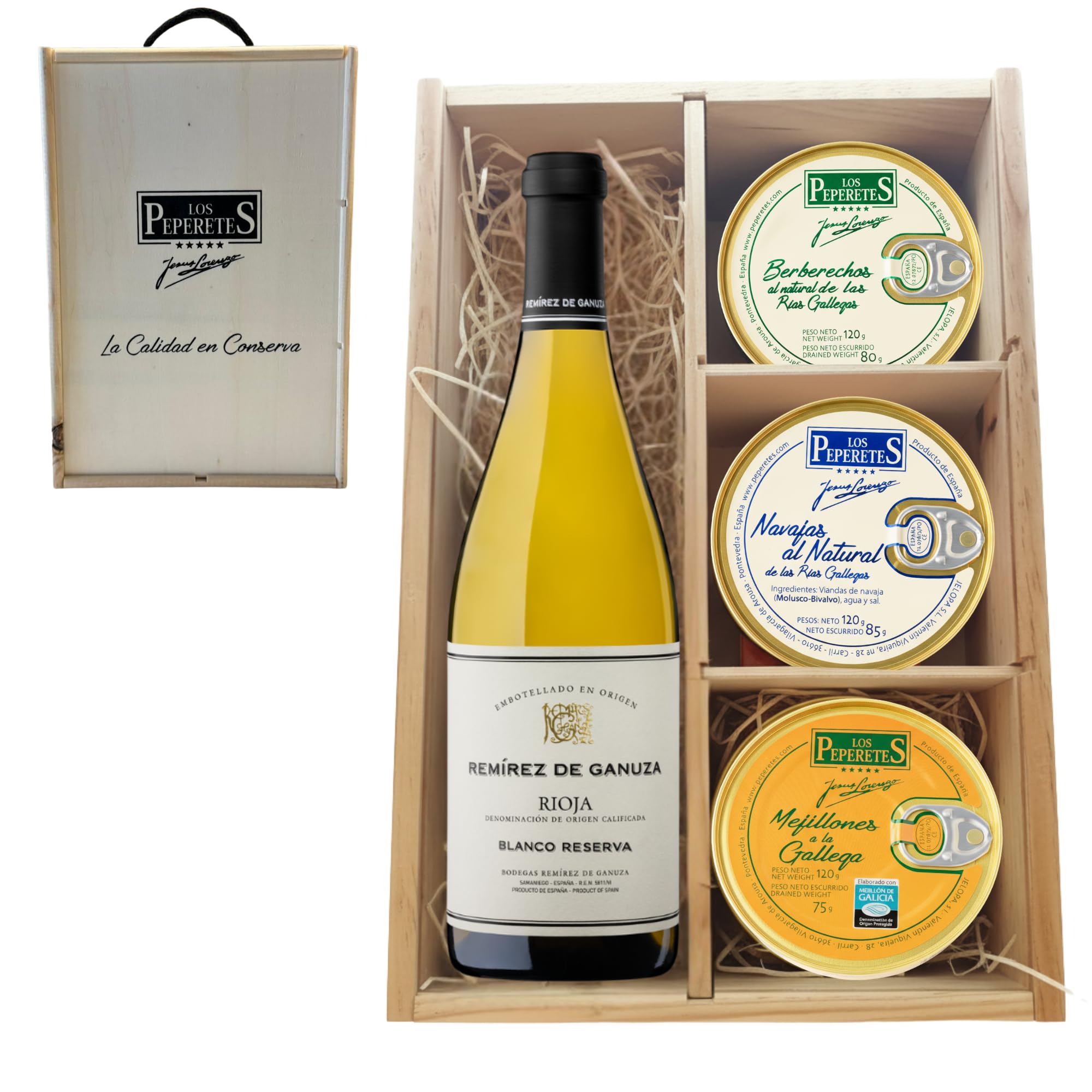 LOS PEPERETES Pack Gourmet Marisco Gallego con Remirez de Ganuza | x2 Berberechos al Natural · x2 Navajas al Natural · x2 Mejillones a la Gallega | Estuche Lote Delicatessen Premium Latas Conserva