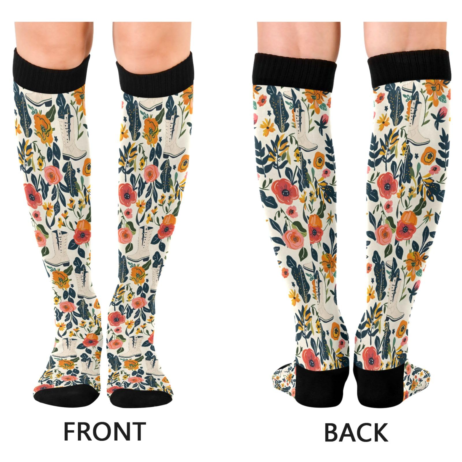 ALAZA Athletic Compression Socks Knee High Socks Stockings for Women Floral Boots Running Circulation Sport Football