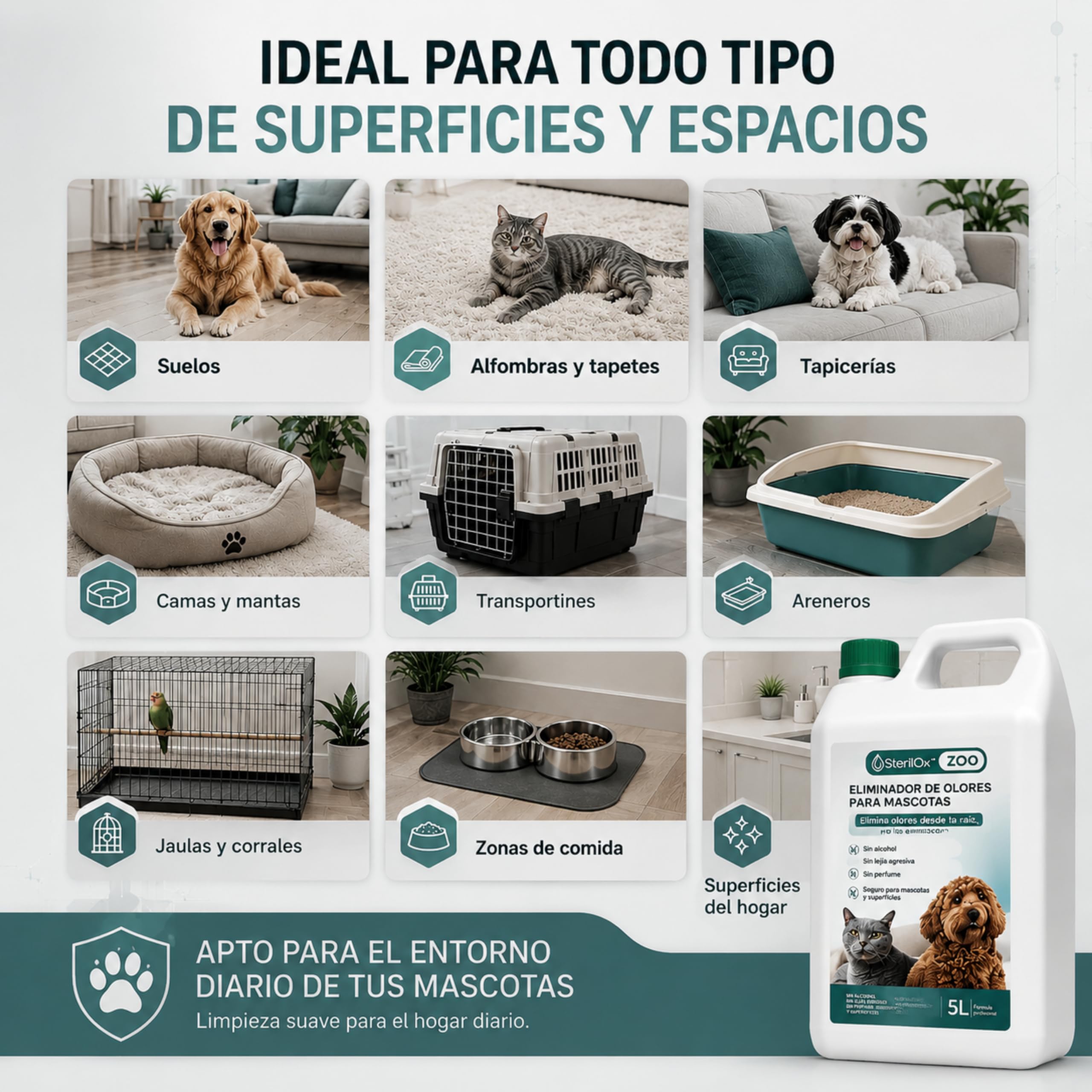ZOO 5 L Eliminador de Olores para Perros y Gatos Sin Alcohol | Neutraliza olores de orina y mascotas. Apto para fogger y niebla fría.