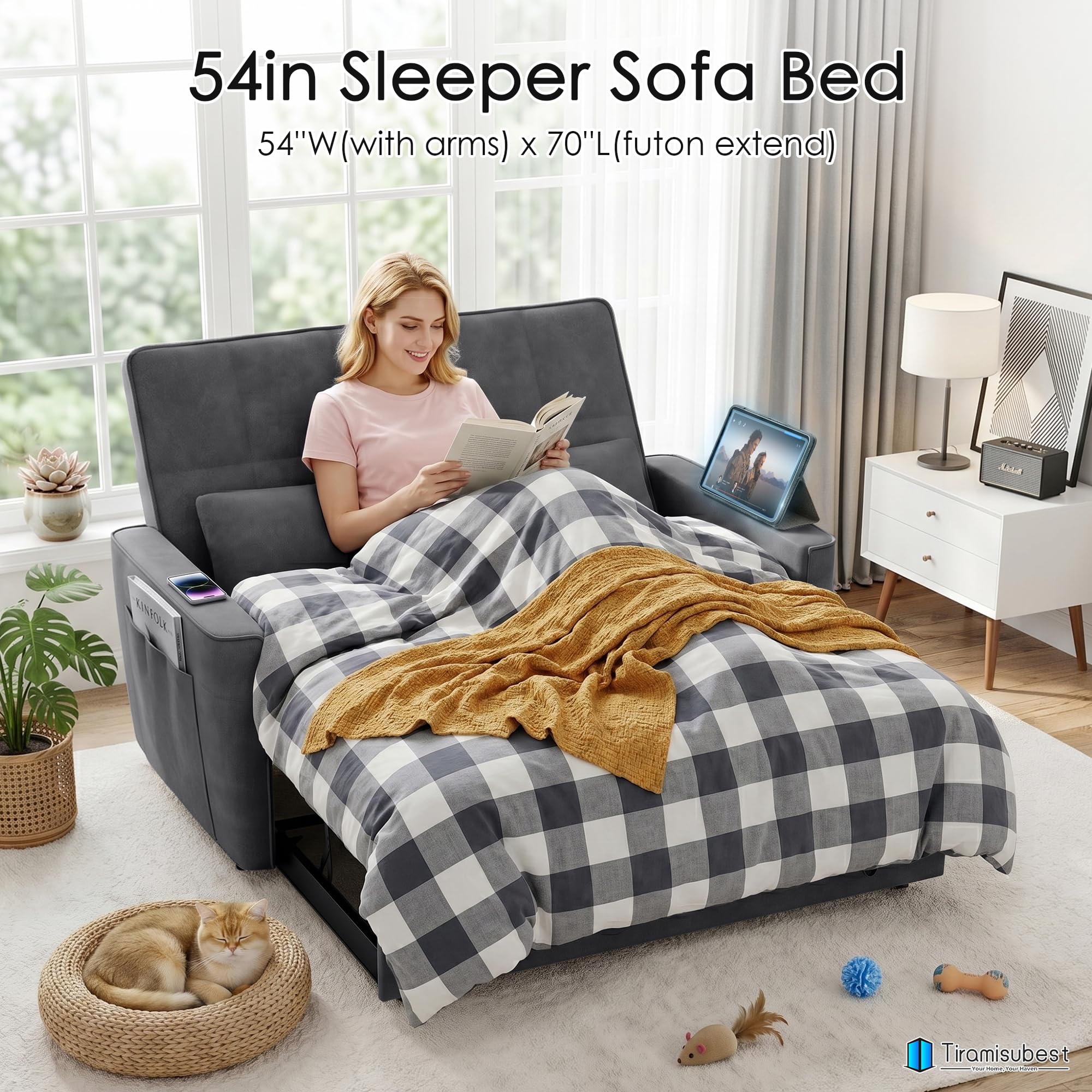 54'' Sleeper Sofa Bed, Convertible Pull Out Couch Futon for for Living Room,Apartment (Darkgrey, Loveseat) Side Pockets, Velvet Fabric, Adjustable Backrest, Pull-Out Bed, Easy Assembly