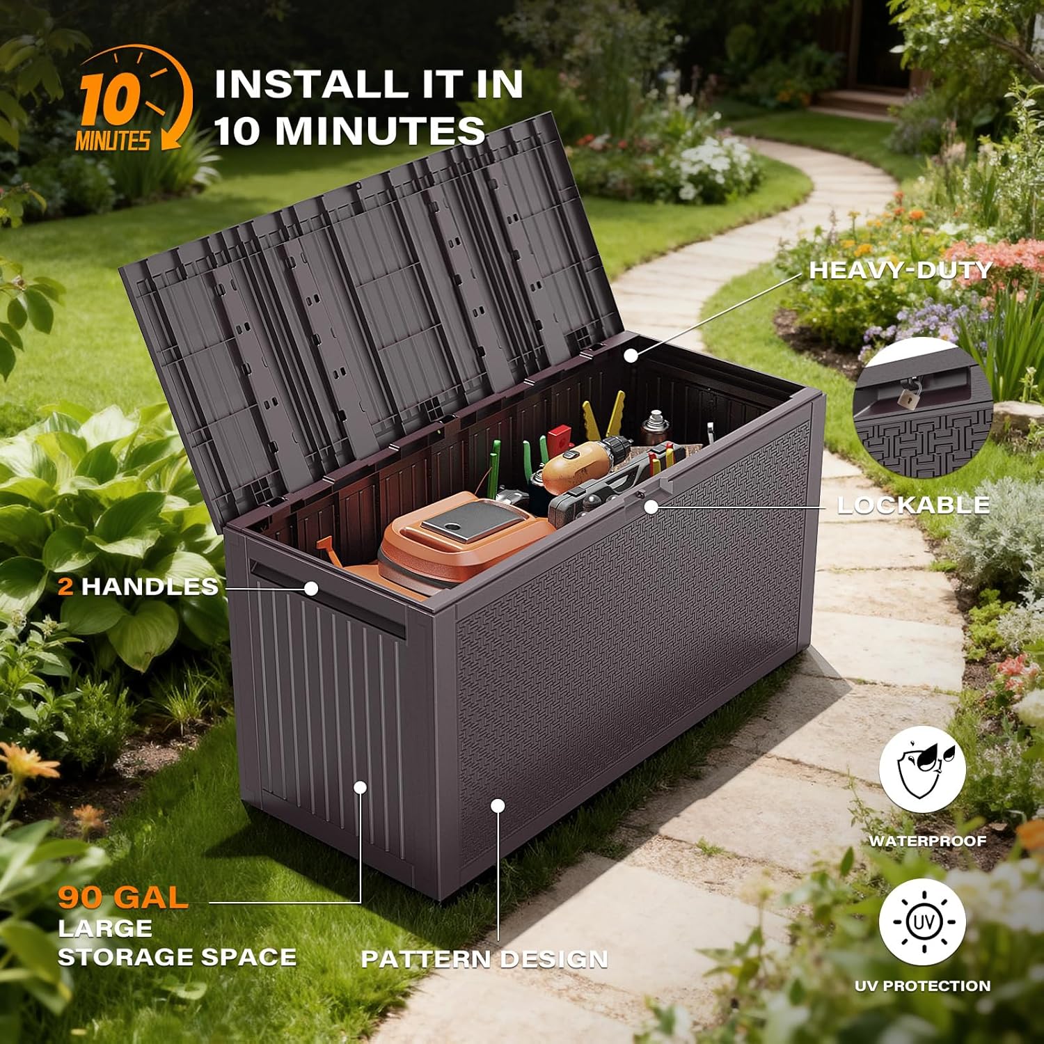 VINGLI 90 Gallon Outdoor Storage Box, Lockable Plastic Storage Containers with Lid, Patio Deck Box Furniture for Garden, Pool, Balcony, Yard (Brown)