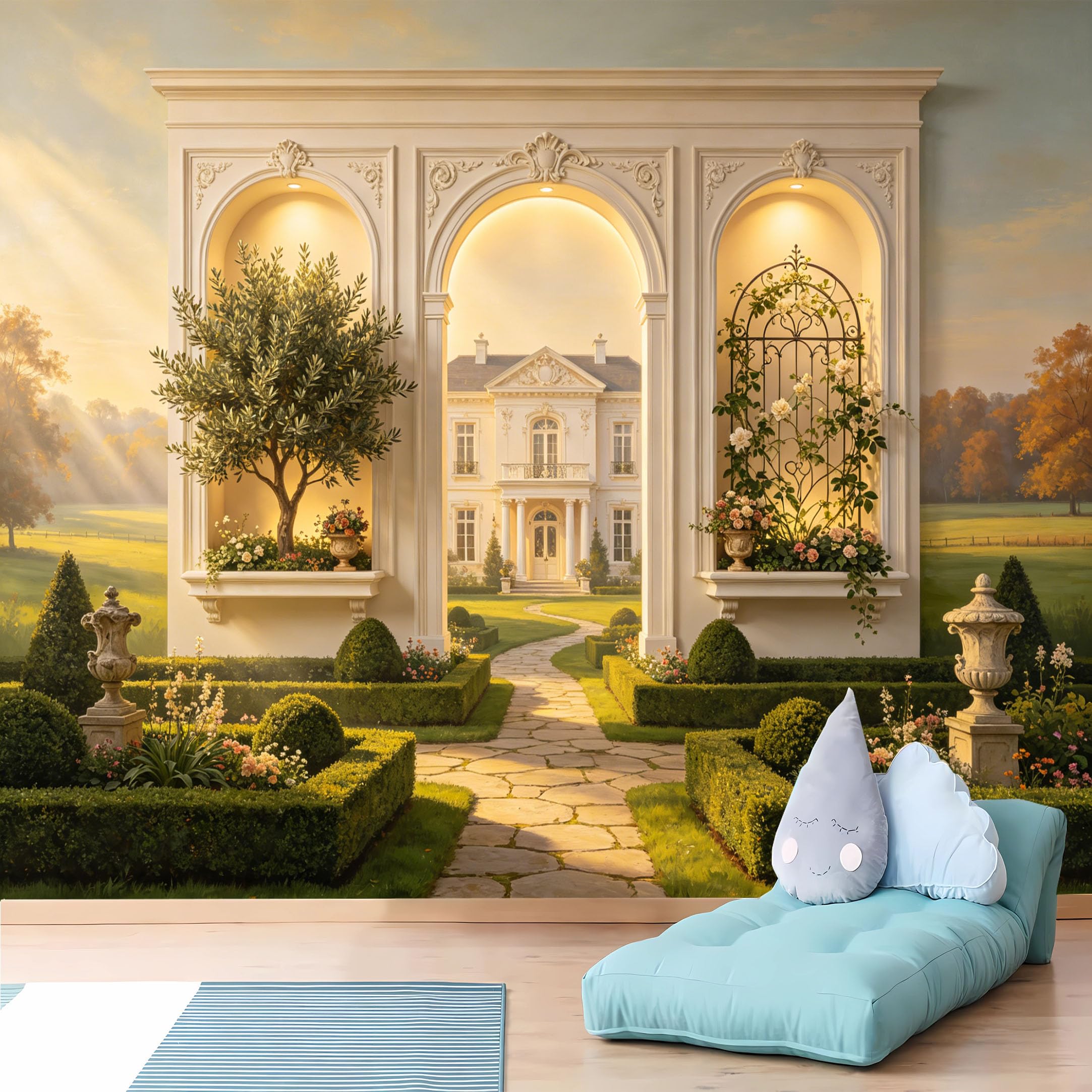 Custom Size Wall Murals Classic Mansion Garden Through Archway Wall Murals Countryside View Wallpaper Full Wall Self-Adhesive Removable Wallpaper for Living Room