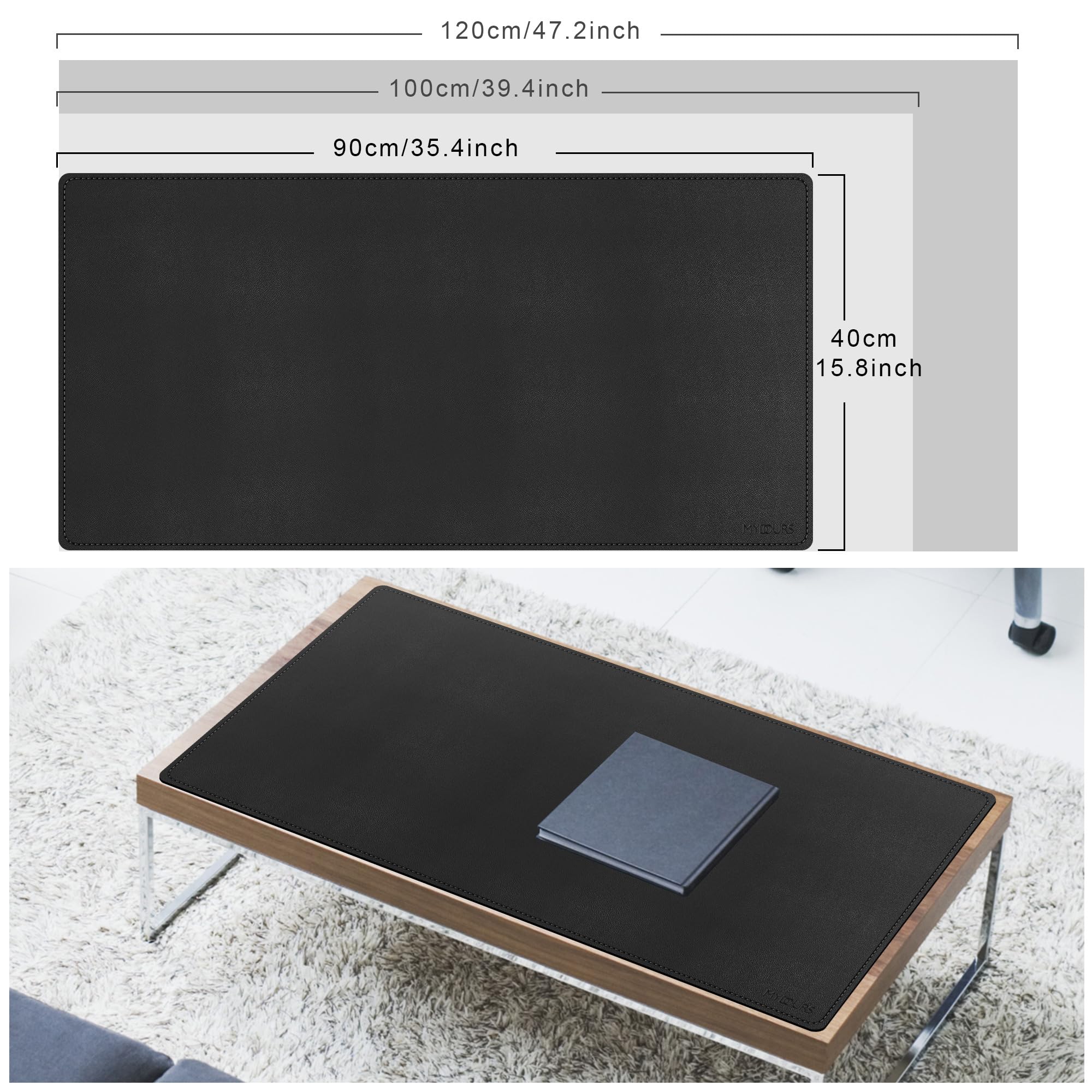Mydours Pad per Scrivania Multifunzionale in Pelle PU 90x40cm Tappetino per Mouse da Gaming Grande Impermeabile (Nero)