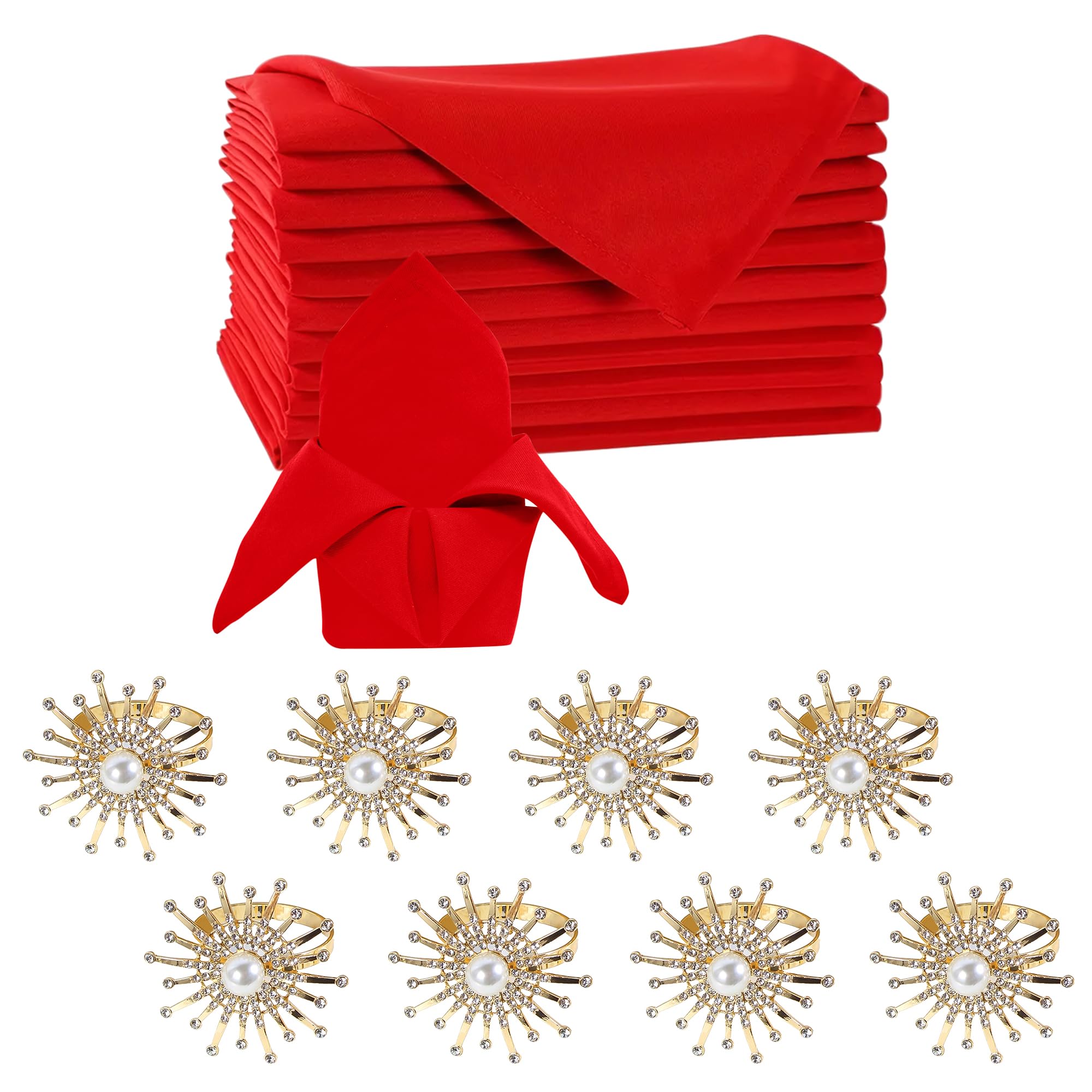 16 PCS Christmas Napkins and Rings Set | Trimming Shop 8PCS Red Polyester Napkins Cloth & 8PCS Golden Diamante Napkin Rings for Christmas Holiday Dinner Party Table Decoration