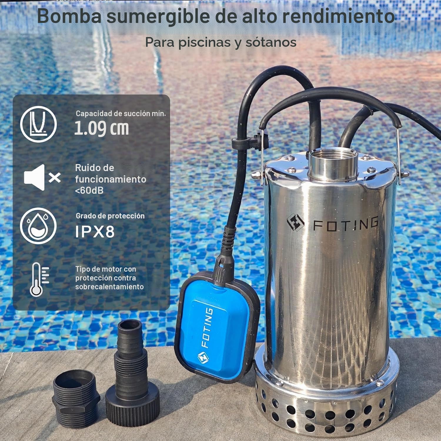 FOTING Bomba de agua Sumergible 900W, capacidad de 13.000 l/h, Altura máxima de suministro 9 m, inmersión máx. 7 m, interruptor de flotador, nivel mín. 10 mm, para piscinas y estanques