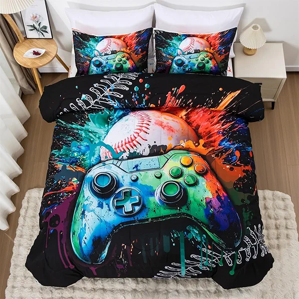 Aimuan Gamer Gaming Bedding Sets 3D Gamepad Comforter Sets for Boys Games Console Action Buttons Novelty Colorful Game Controller Modern Room Decor Home Quilt Set (Green, Twin)