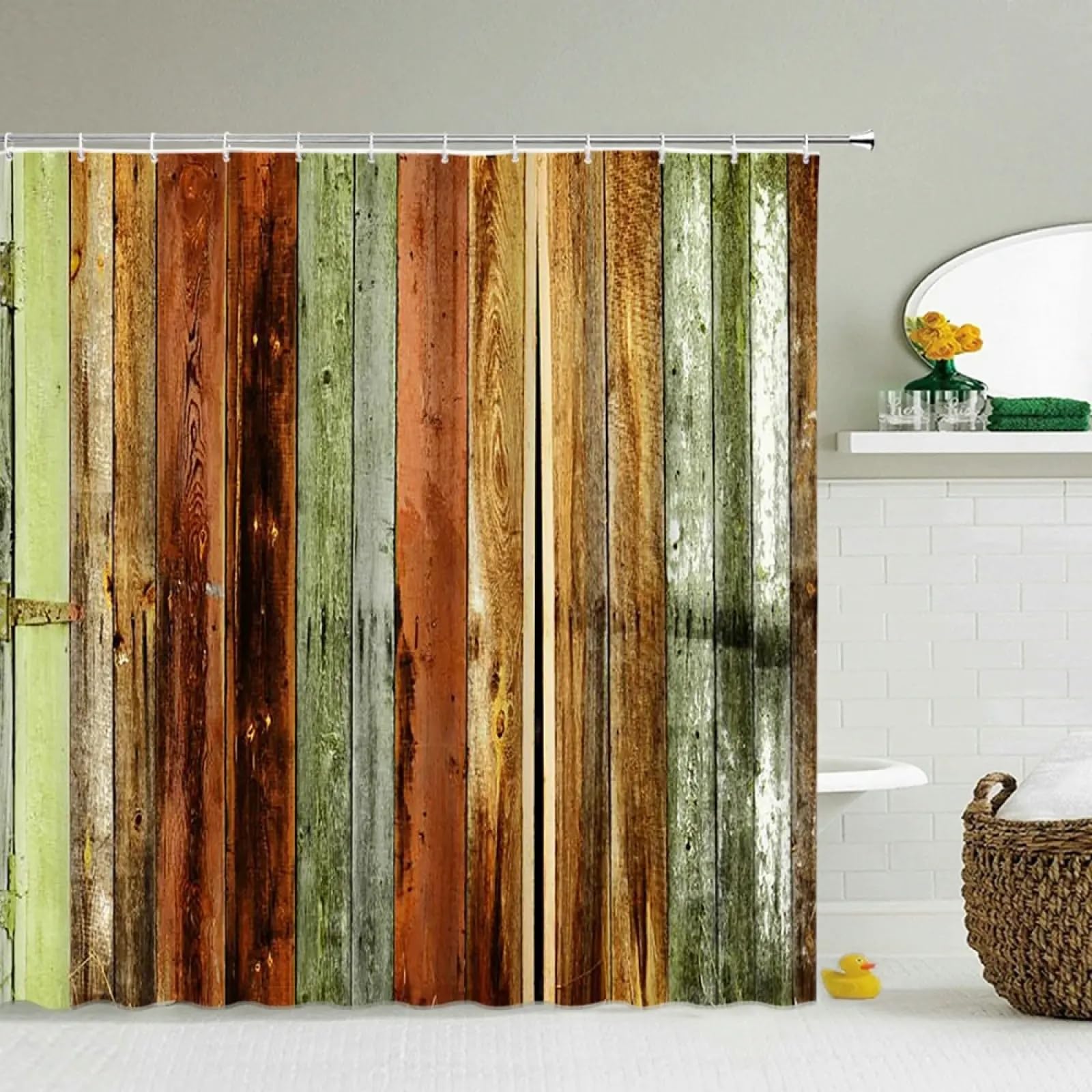 Rideau de douche 133x220cm motif brique en grain de bois avec grands crochets