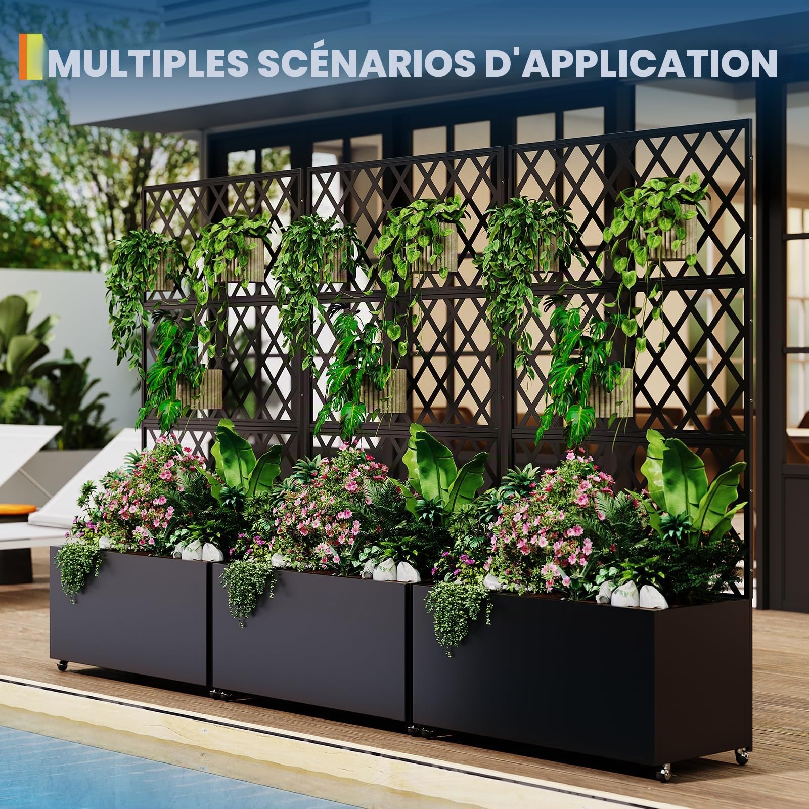 Jardinière extérieure en acier galvanisé, avec treillis et roues avec frein, trous de drainage et écran pour la confidentialité des légumes, convient pour les terrasses et balcons, 89 x 180 cm