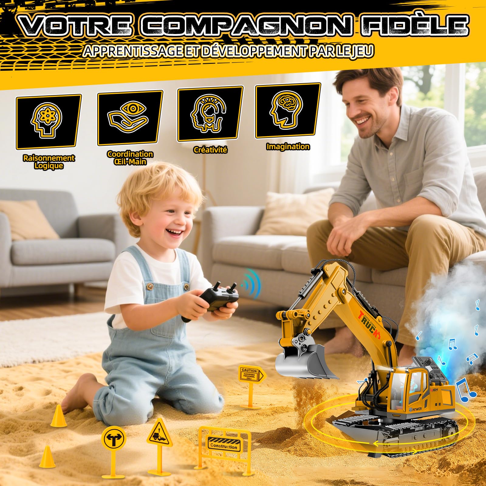 Pelleteuse Télécommandée, 17 Canaux 2,4 GHz Pelleteuse Enfant Excavatrice Télécommandé -Pelle Métallique, Conducteur, Lumières, Pulvérisation et Son, Jouet Construction Cadeau Enfant 3+ Ans