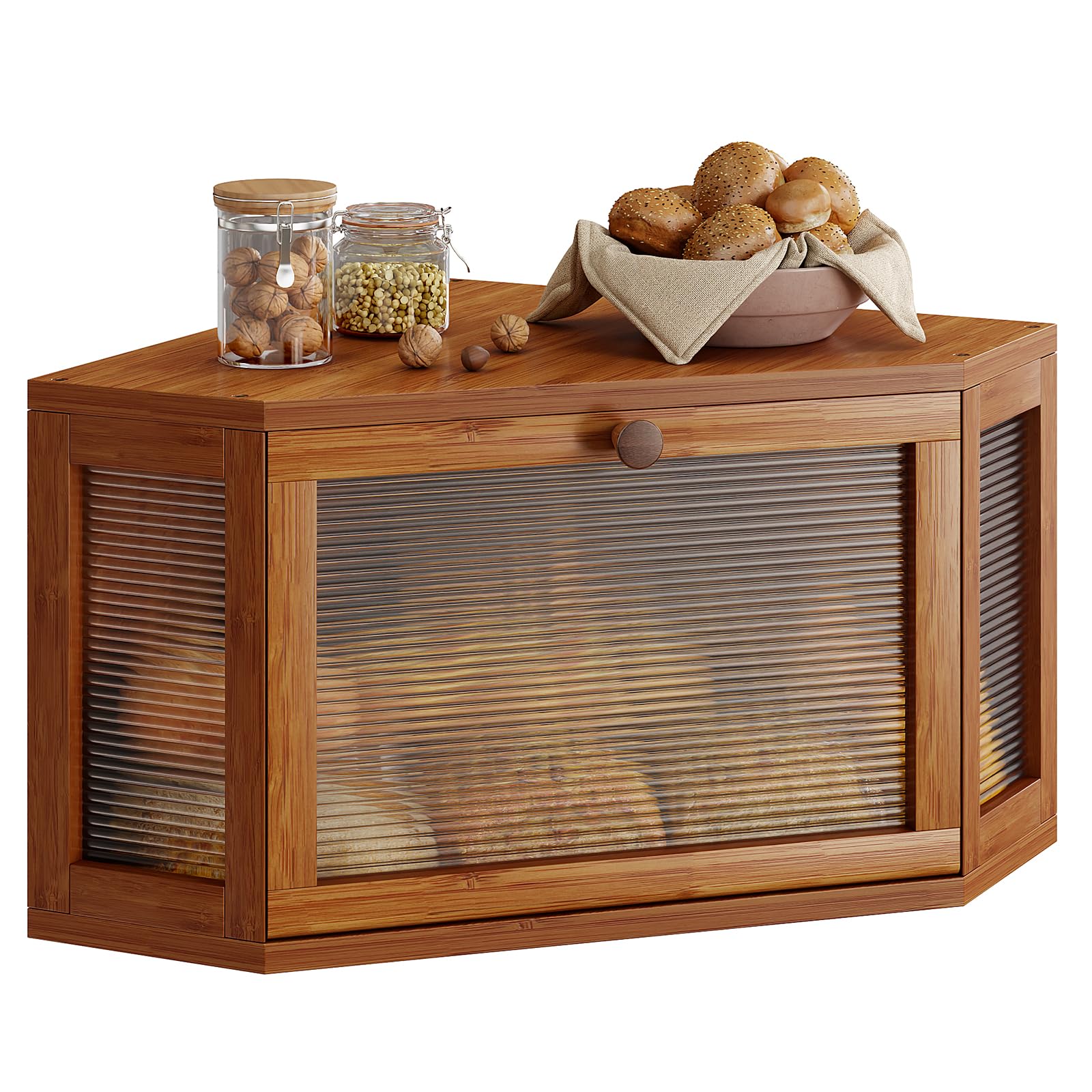 WOWLIVE Corner Bread Box, Bamboo Bread Storage with Acrylic Wavy Door