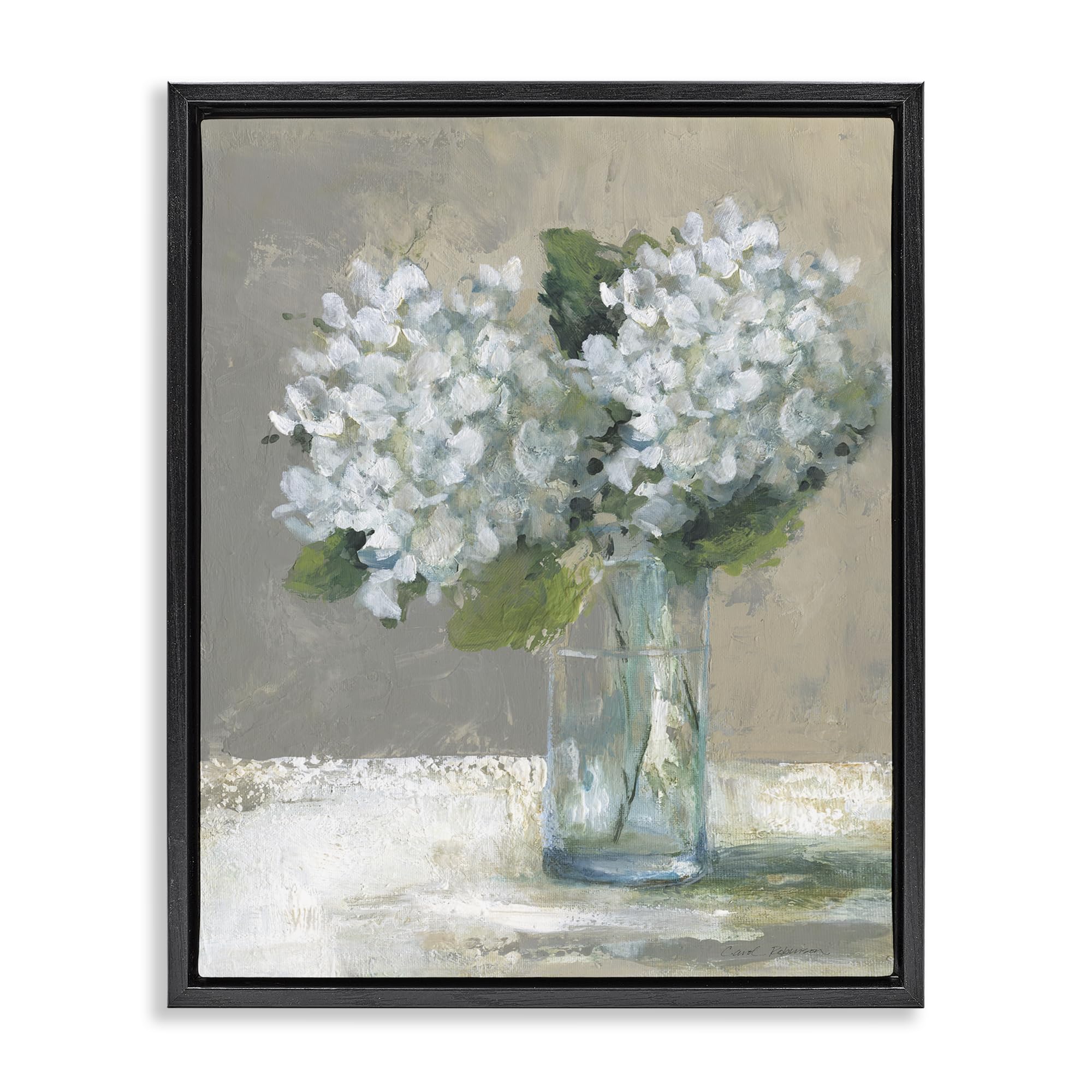 Stupell Industries 'White Hydrangeas Glass Vase', Floating Frame Canvas Art, Black, 25 x 31 Inches, Easy to Hang and Sturdy, Made in USA, by Carol Robinson