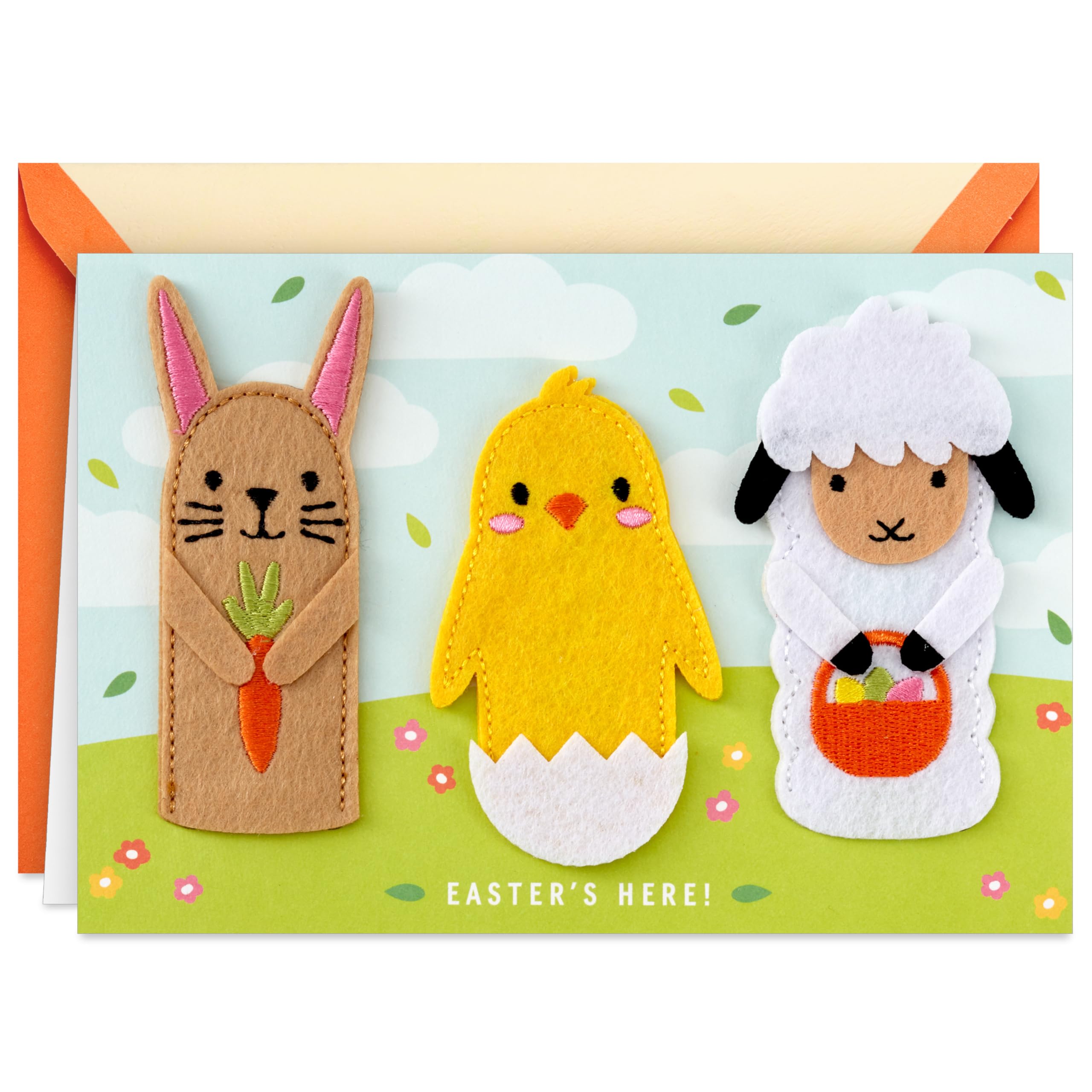 Hallmark Signature Easter Card with Felt Finger Puppets (Bunny, Chick, Lamb) for Kids, Grandchildren, Easter Baskets
