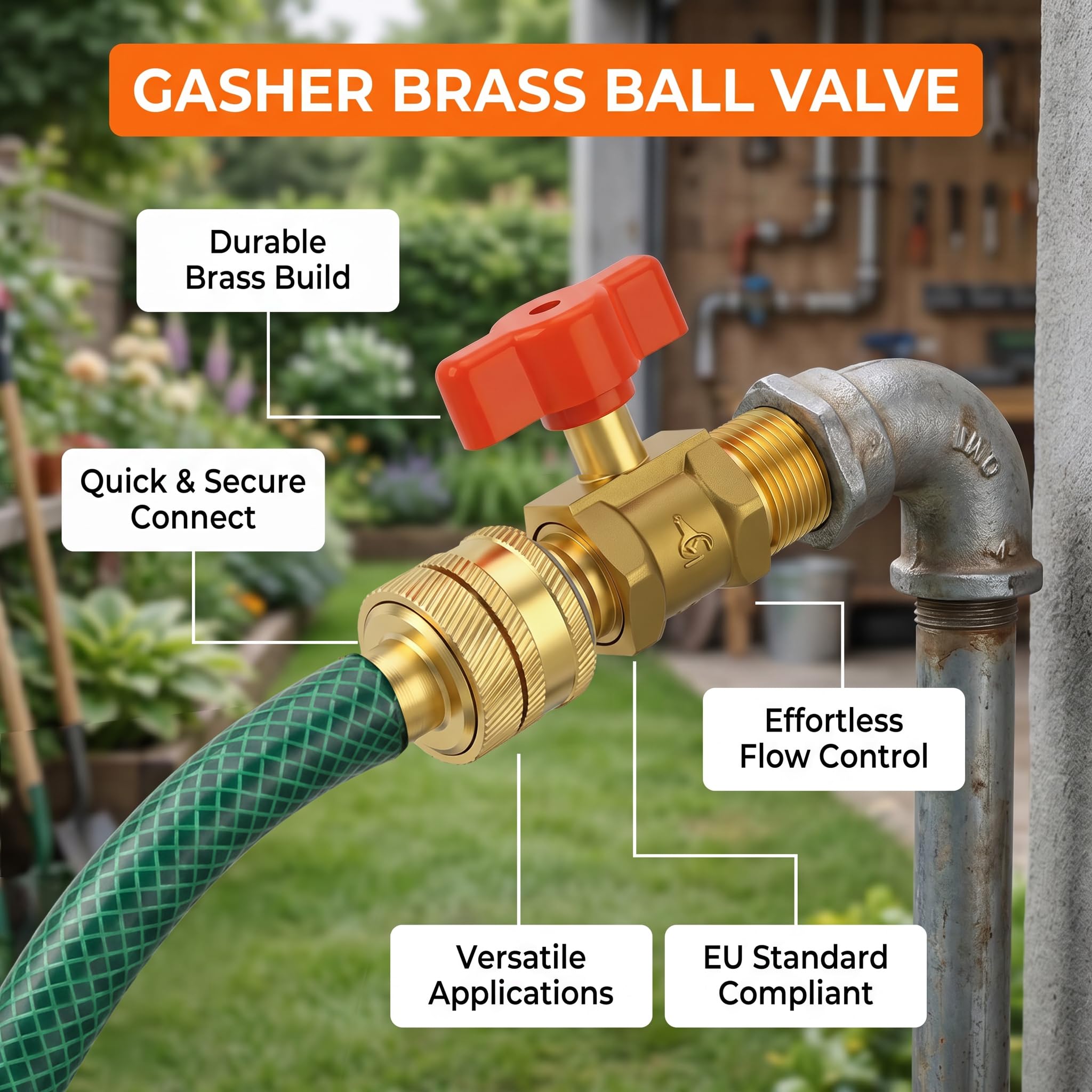 GASHER 5 piezas válvula de bola de latón con conector rápido, rosca macho 1/2 BSP a racor de manguito de 16mm, válvula de cierre por compresión para agua, aire, gas y aceite
