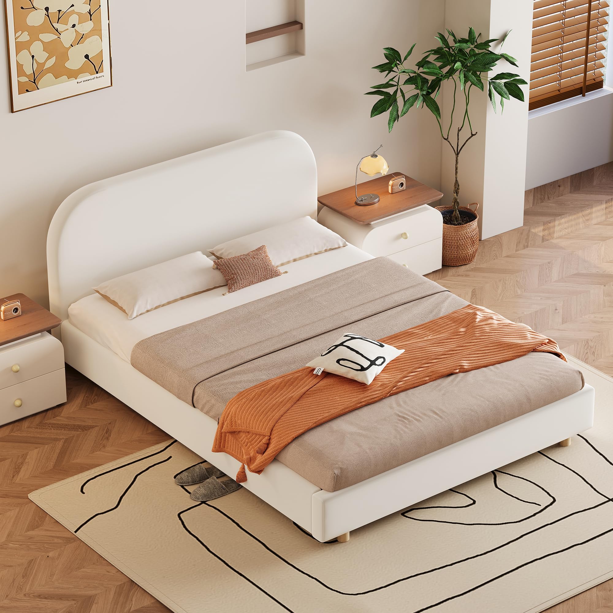 FAVSH Luxurious Velvet Full Size Upholstered Platform Bed, Modern Solid Bed Frame with Curve-Shaped Design and Thick Headboard for Bedroom, Easy 15-30