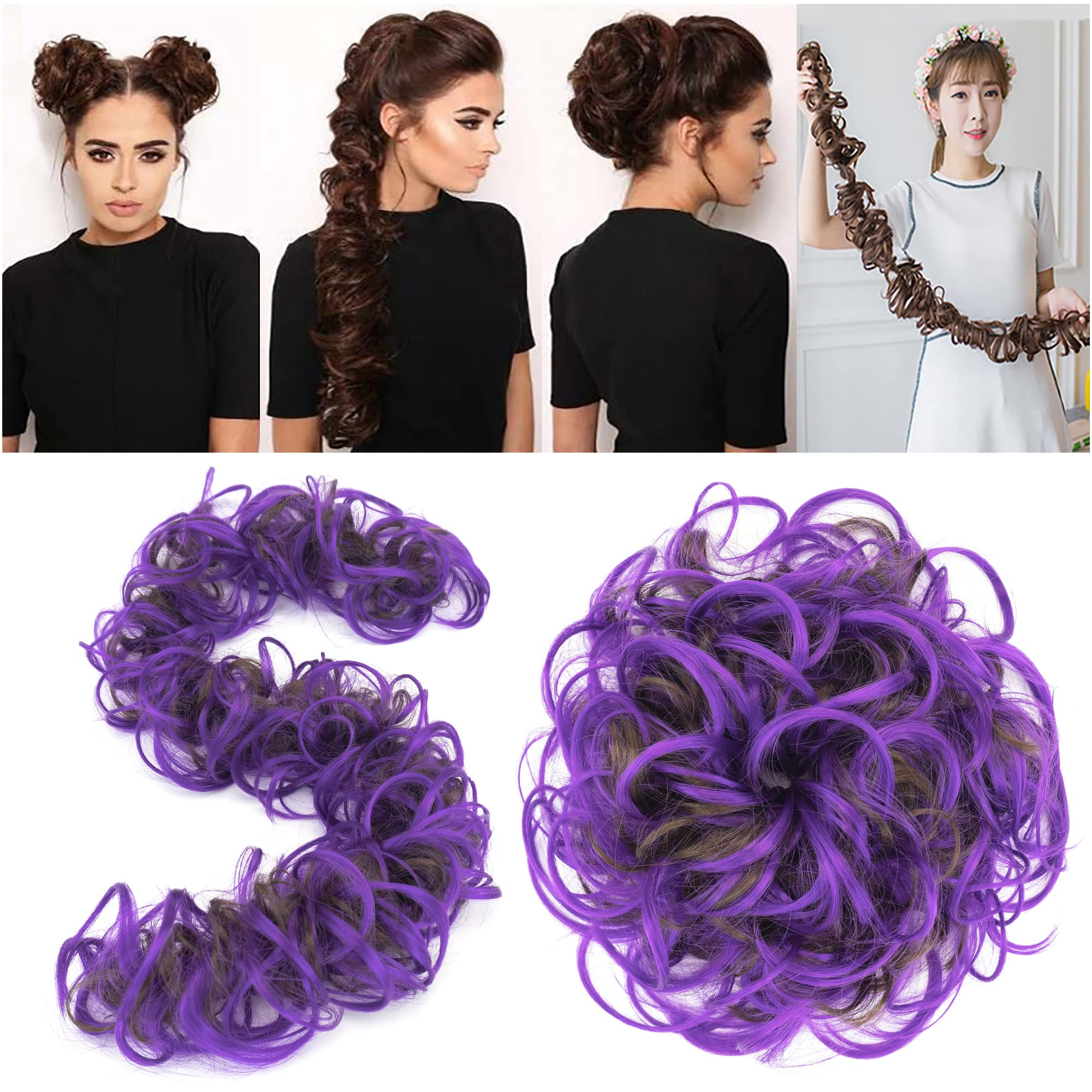 IMISSU Large Size Hairpiece Curly Messy Hair Bun Wrap Scrunchies Elastic Hair Band Donut Updo Chignon Hair Extension Piece for Women Girl (Brown Violet) - Image 4