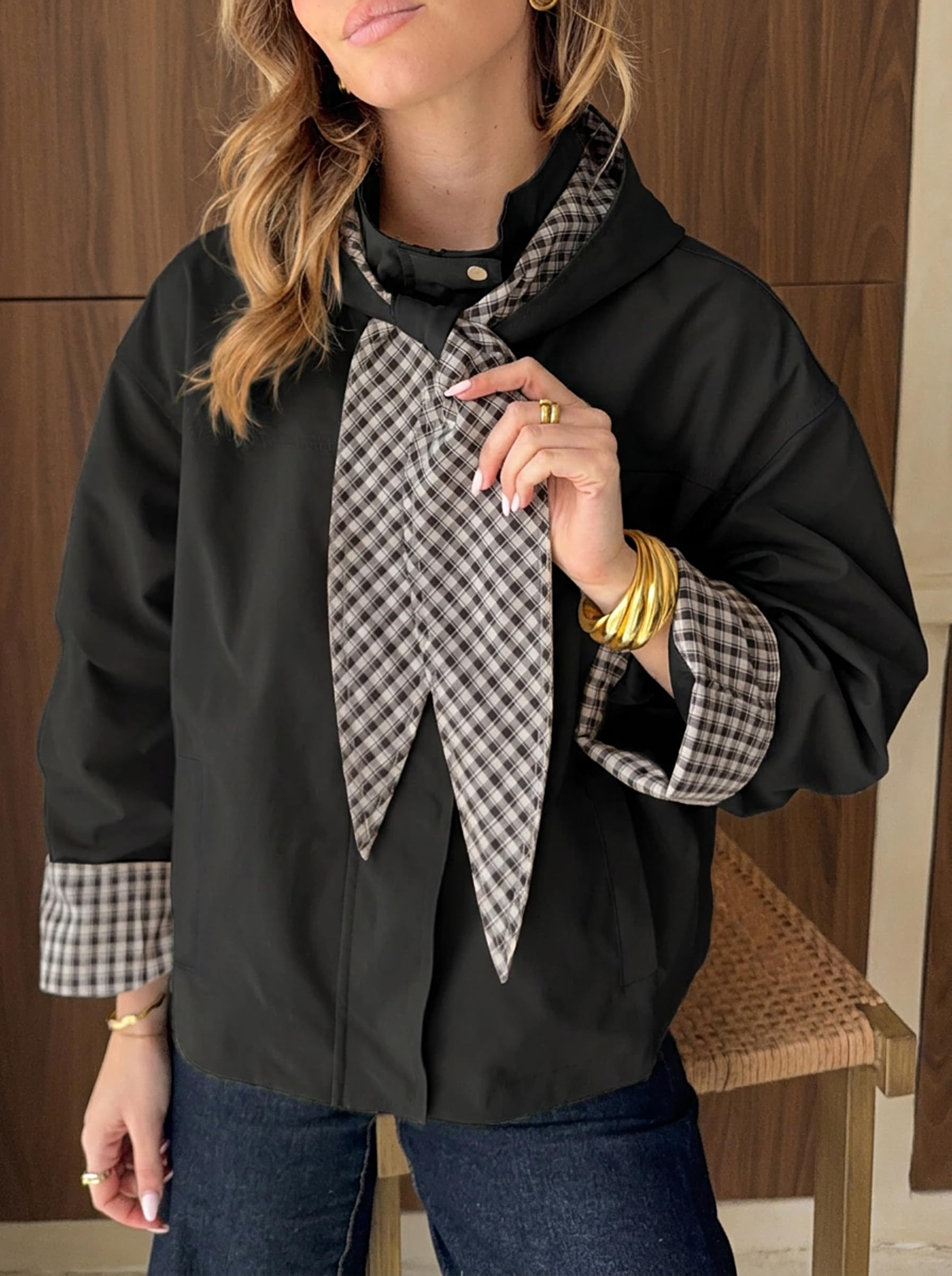 Tankaneo Cropped-Trenchcoat für Damen, Herbstjacke mit karierter