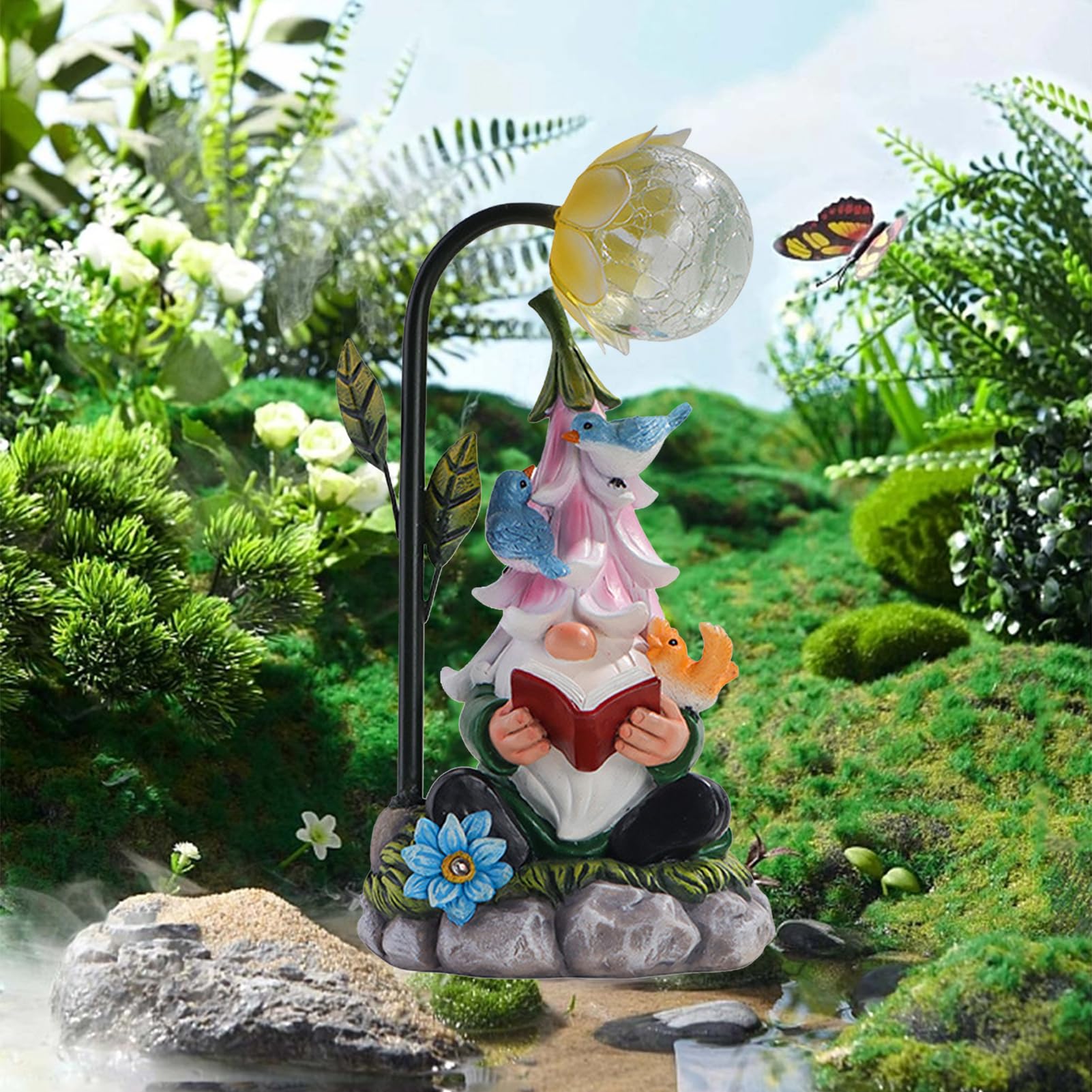 Enanitos de jardín para exteriores, gnomo de jardín solar de resina, divertido enano de jardín, resistente a la intemperie, figura con farolillo solar LED, figuras de jardín enano, luces de jardín