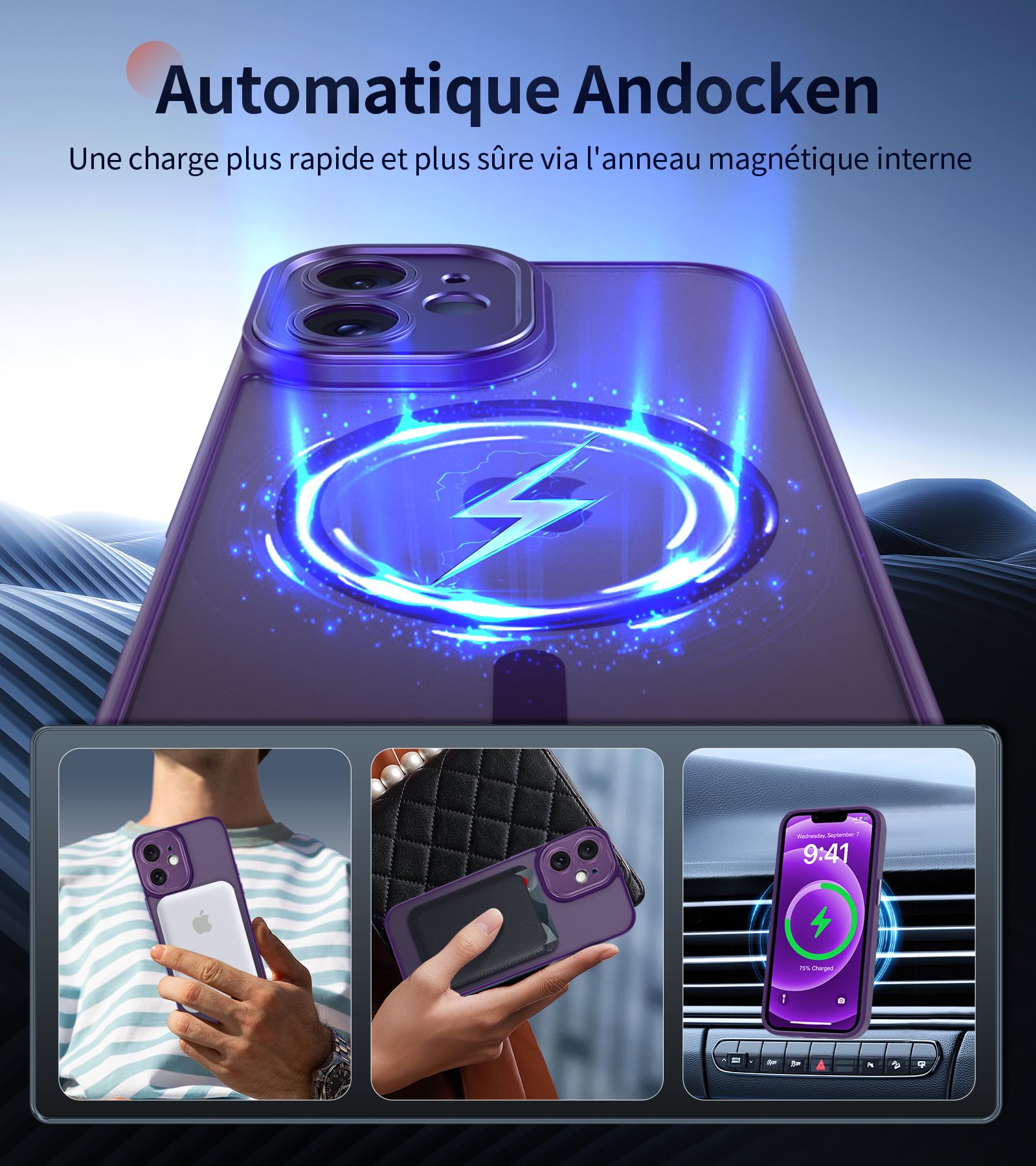 FLLAO Cover Magnetica per iPhone 12 Custodia e 2 Pellicole in Vetro Temperato, Cover iPhone 12 Compatibile con Magsafe, Traslucida Opaca Posteriore Sottile Antiurto Protettiva Case, Viola Scuro