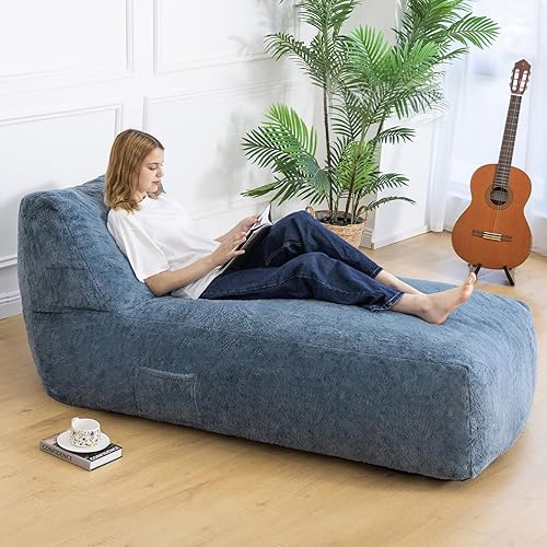 Giant Bean Bag Chair for Adults (59"x34"), Big Faux Fur Plush Bean Bag Lounger, Large Memory Foam Lounger Chair with Pockets for Living Room, Bedroom & Dorm (Bluegrey)