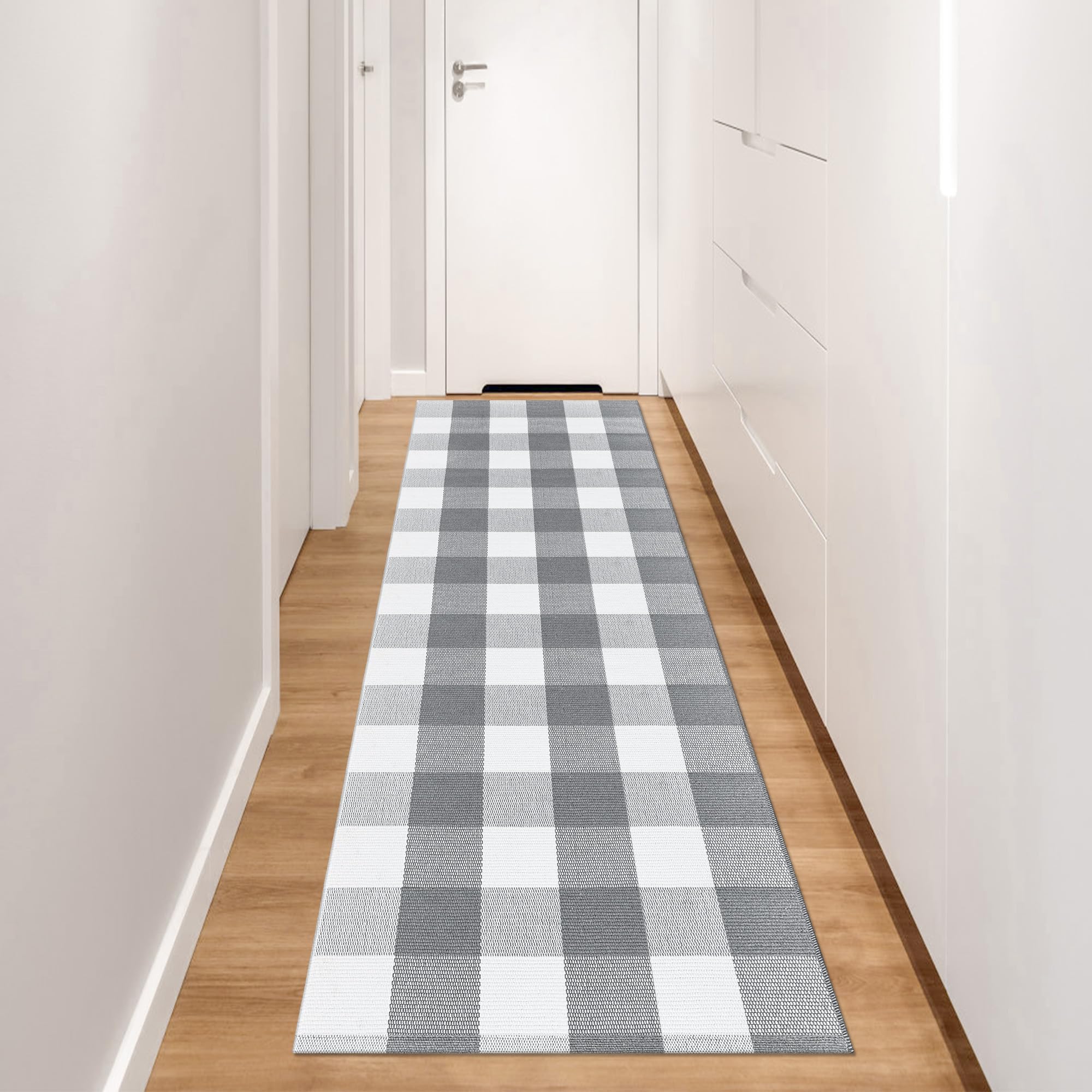 Tapis de couloir lavable en coton gris et blanc à carreaux Buffalo