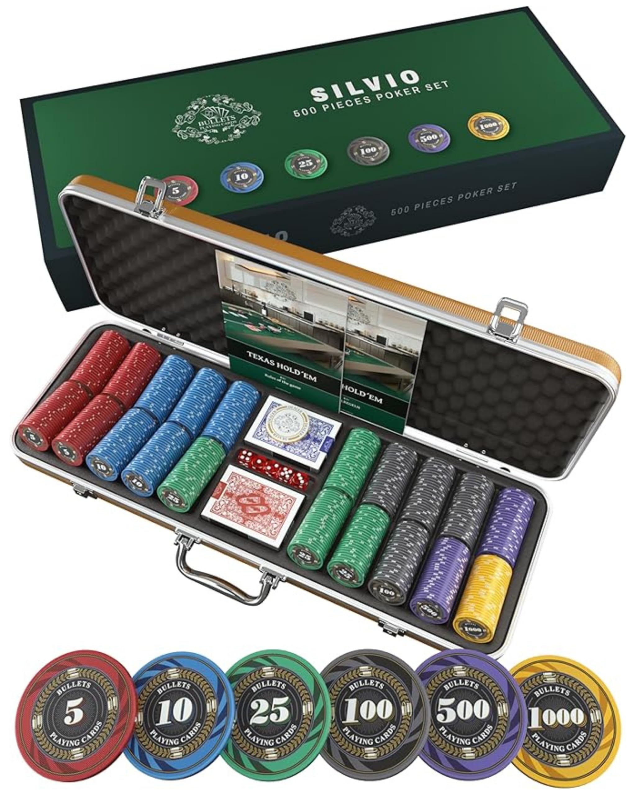 Bullets Playing Cards, Valigetta da poker Silvio, Set da poker con 500 chip da poker in ceramica con valori stampati, con pulsante di dealer, confezione doppia di carte da poker