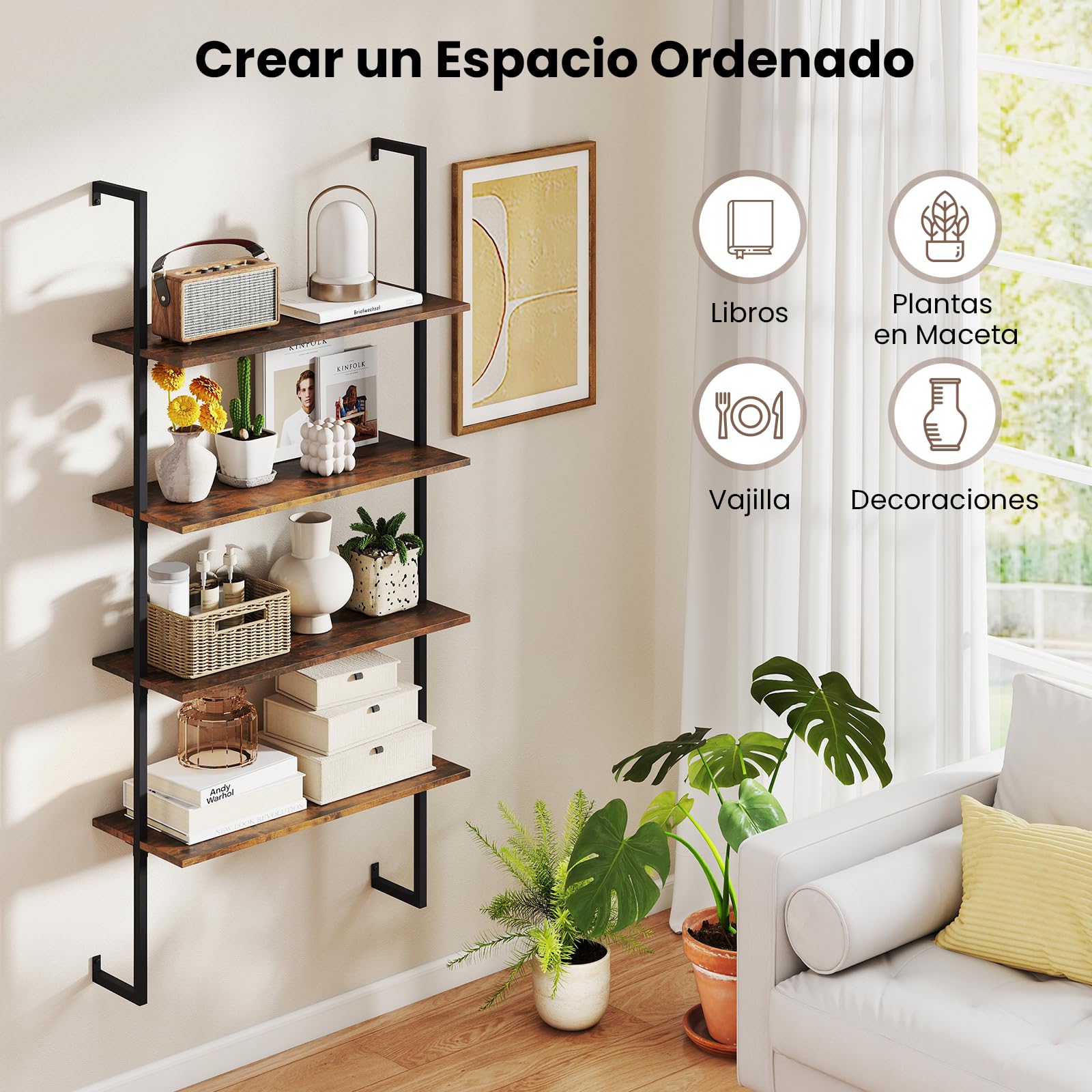 COSTWAY Estanteria Escalera 4 Niveles, Estantería Librería Madera de Pared, Marco de Metal, Salon Baño Dormitorio Habitación, 76 x 30 x 163 cm