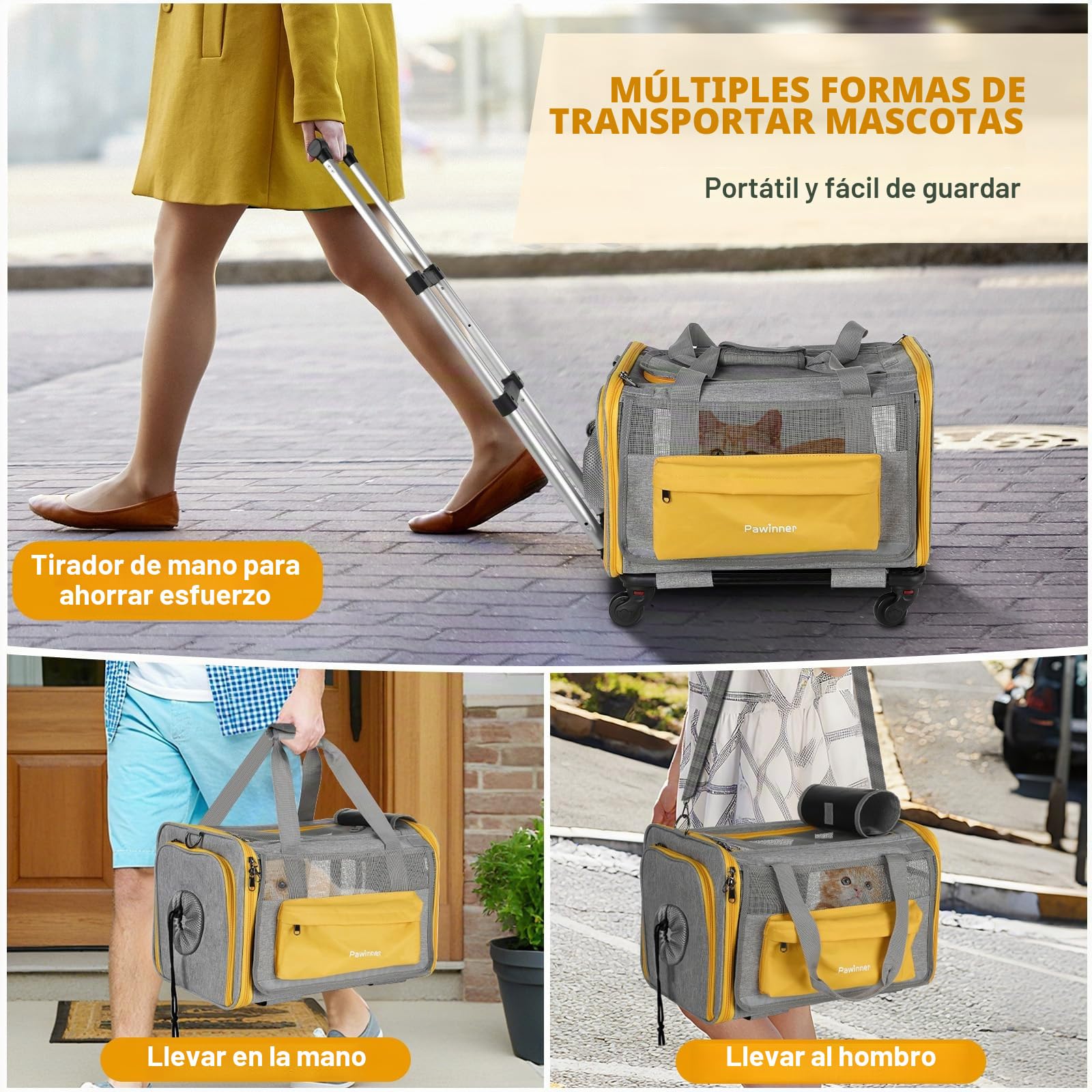 Transportín para gatos con ruedas aprobado por aerolíneas, carrito para perros pequeños, cochecito grande para gatos, transportador portátil para mascotas con ruedas, tela 600D transpirable