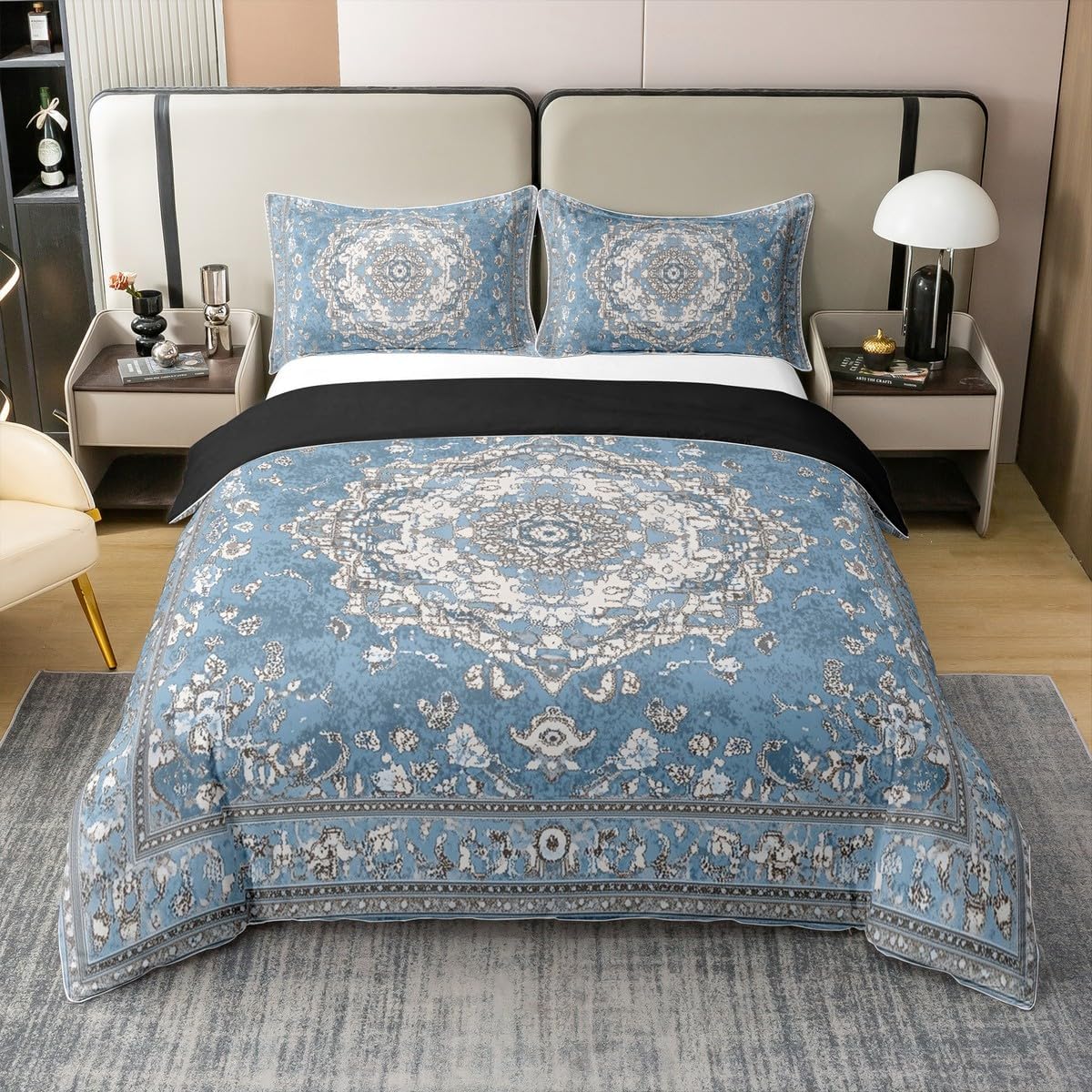 Erosebridal 100 Percent Cotton Boho Duvet Cover King, Blue Mandala Bedding Set, Retro Floral Exotic Bohemian Tribal Comforter Cover, Vintage Antique Damask Medallion Quilt Cover for Adult