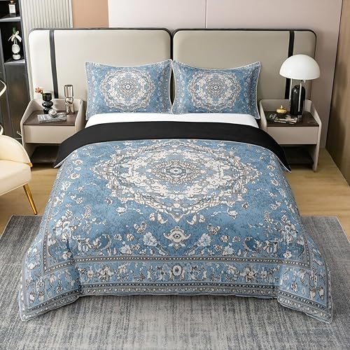 Erosebridal Funda de edredón bohemia 100% algodón, tamaño Queen, juego de ropa de cama de mandala azul, retro, floral, persa, exótica, bohemio,