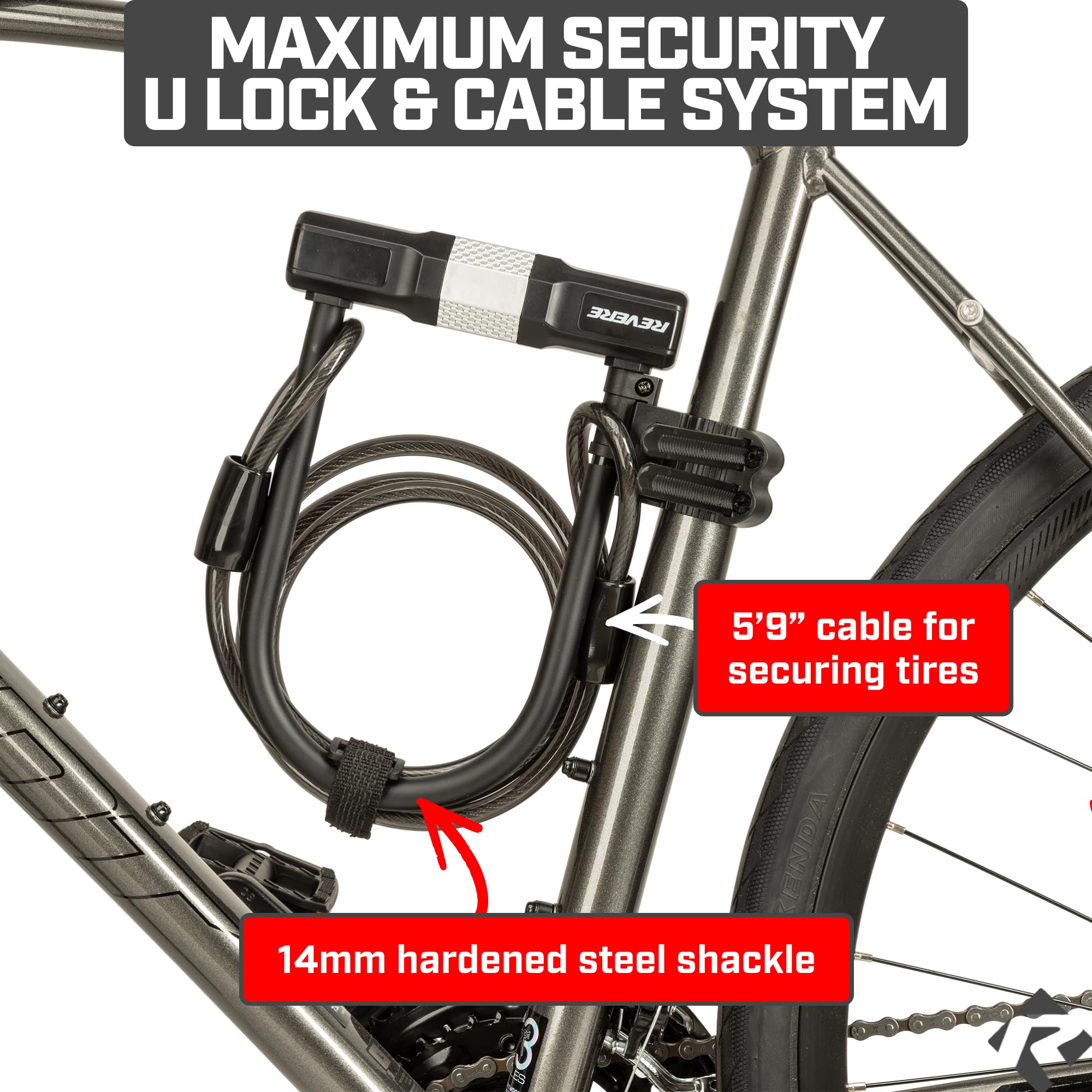 Revere USA Bicycle Keyed U-Lock with Extra Long Cable. Heavy Duty Hardened Steel. Protect Your Bike, e-Bike, Scooter or Motorcycle. Includes 2 Keys and Frame Mount. Anti-Mar Finish Ultimate Security.