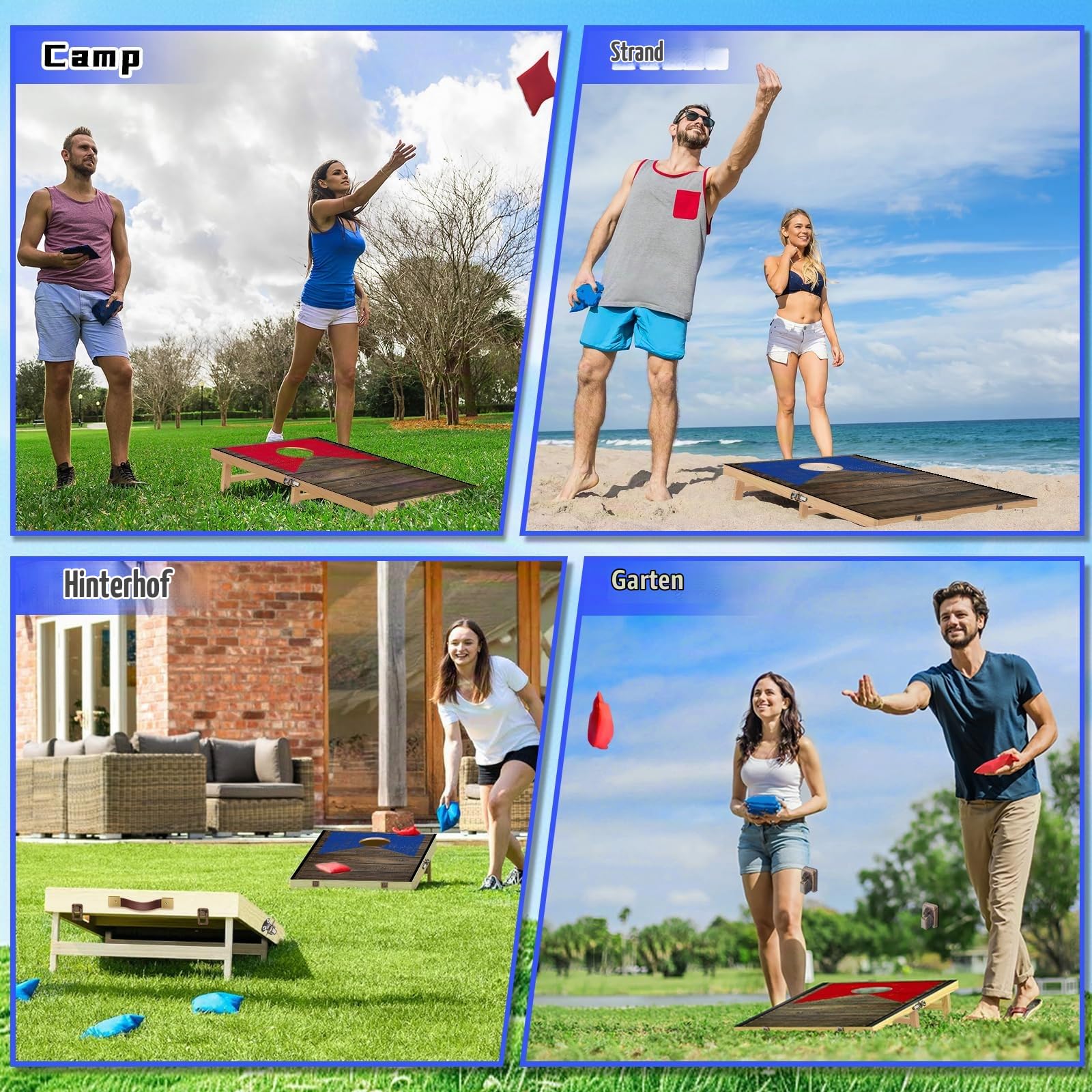 NZQXJXZ Cornhole Spiel Set aus Massivholz – 120 x 55 cm Faltbare Cornhole Bretter mit 8 Sitzsäcken und Einer Tragetasche, tragbare Sitzsack Wurfspiele, Corn Hole Spiele für Familie und Erwachsene