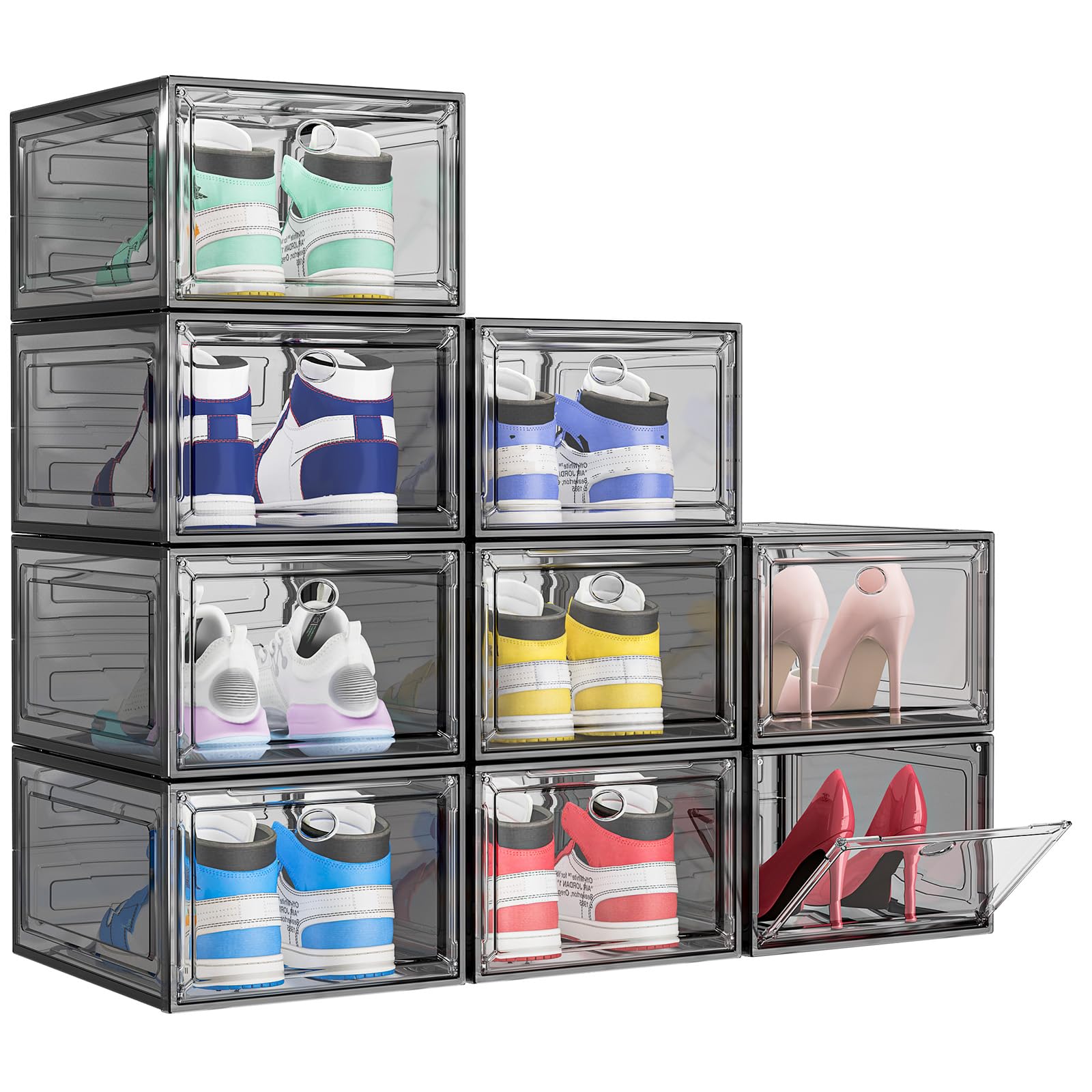 Shoe Storage Box, 9 Pcs Shoe Box Clear Plastic Stackable, Sturdy Foldable Shoe Organizer Containers with Magnetic Door for Women/Men, Black