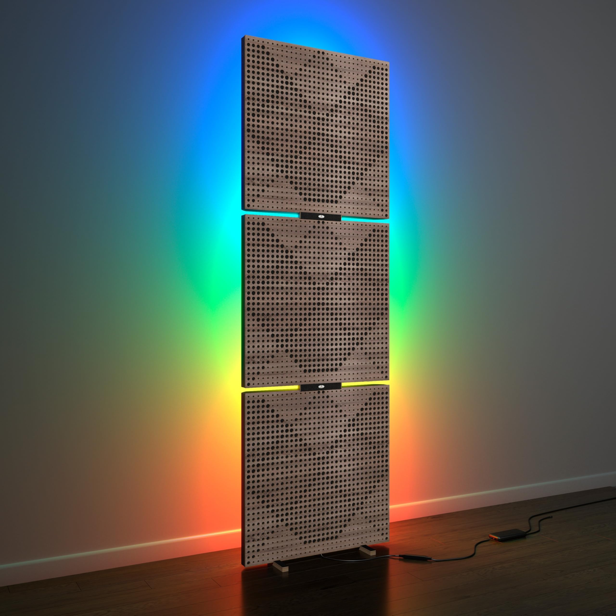 Panele akustyczne "WILDS" ze stojakiem na lampę podłogową RGB, 150 x 50 x 5 cm, podświetlany LED stojak akustyczny | Absorpcja dźwięku i dyfuzja | Kolor płyty HDF: Sonoma