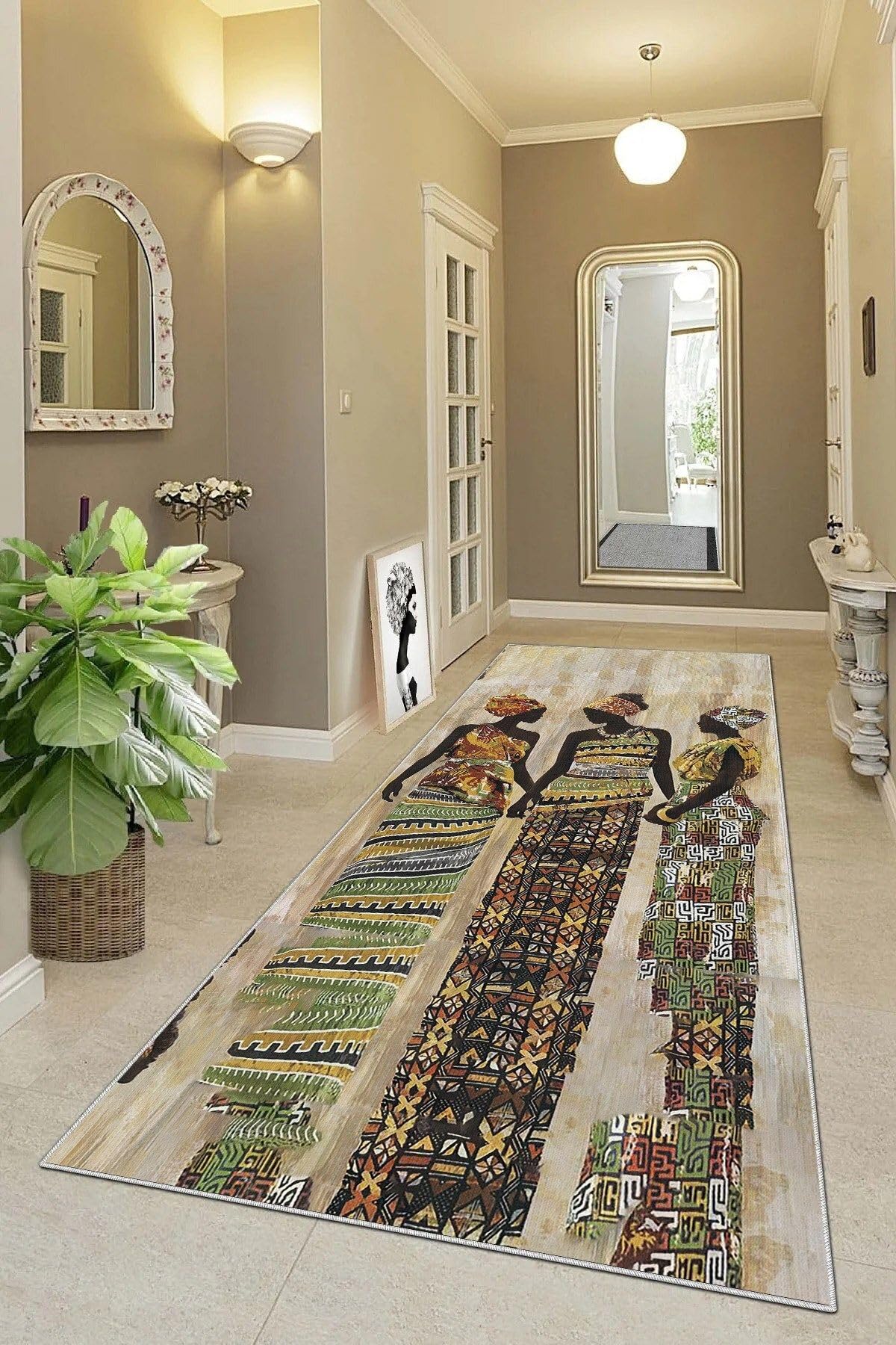 Pelangi Afrika Desenli Afrikalı Kadın Halı Dijital Baskı Yıkanabilir Modern Salon Halı ve Yolluk, Bej-Kahverengi 80 x 600, 9554542806007