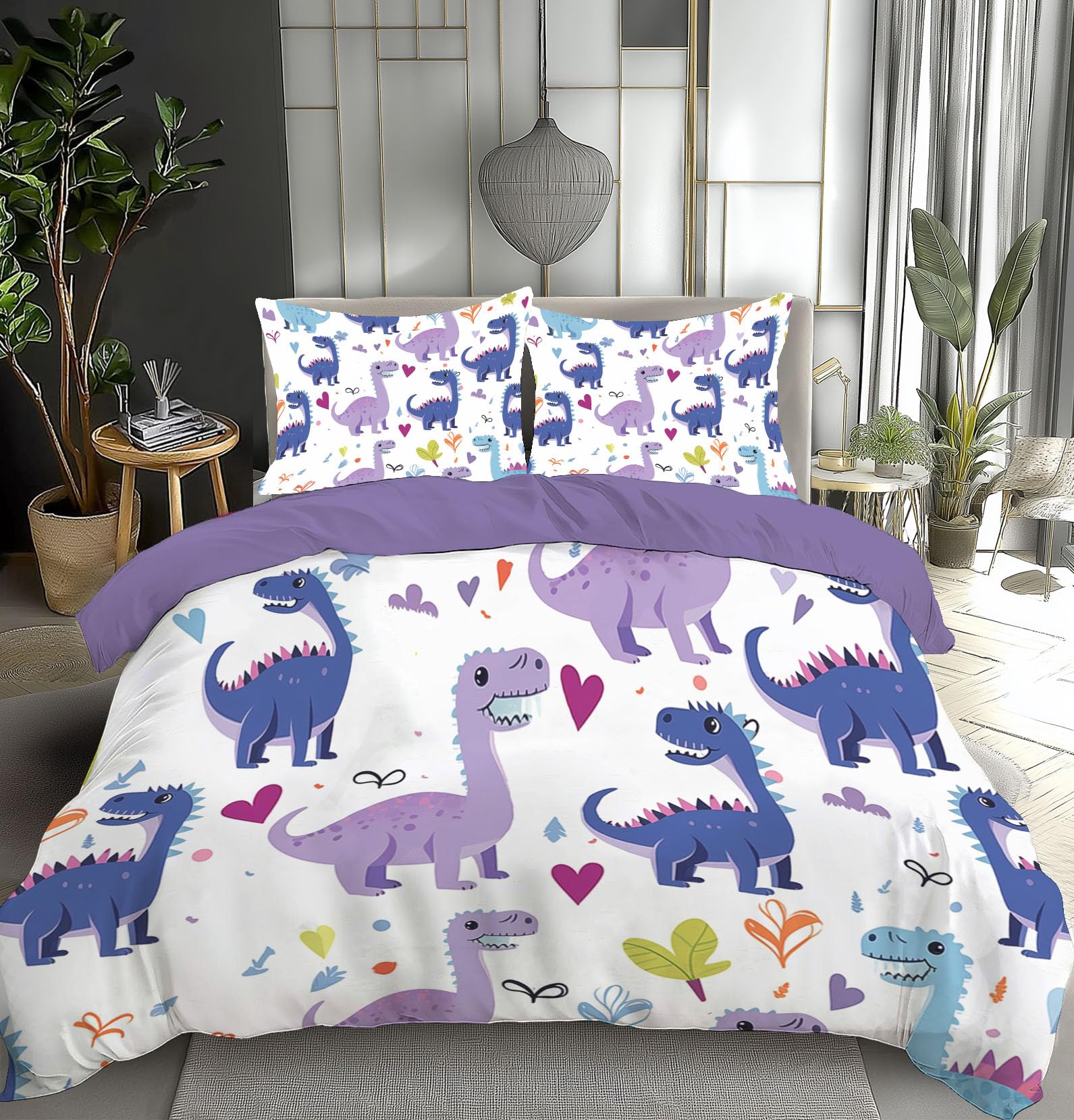 Linge de lit imprimé dinosaure 220x240cm avec housse de couette et fermeture éclair
