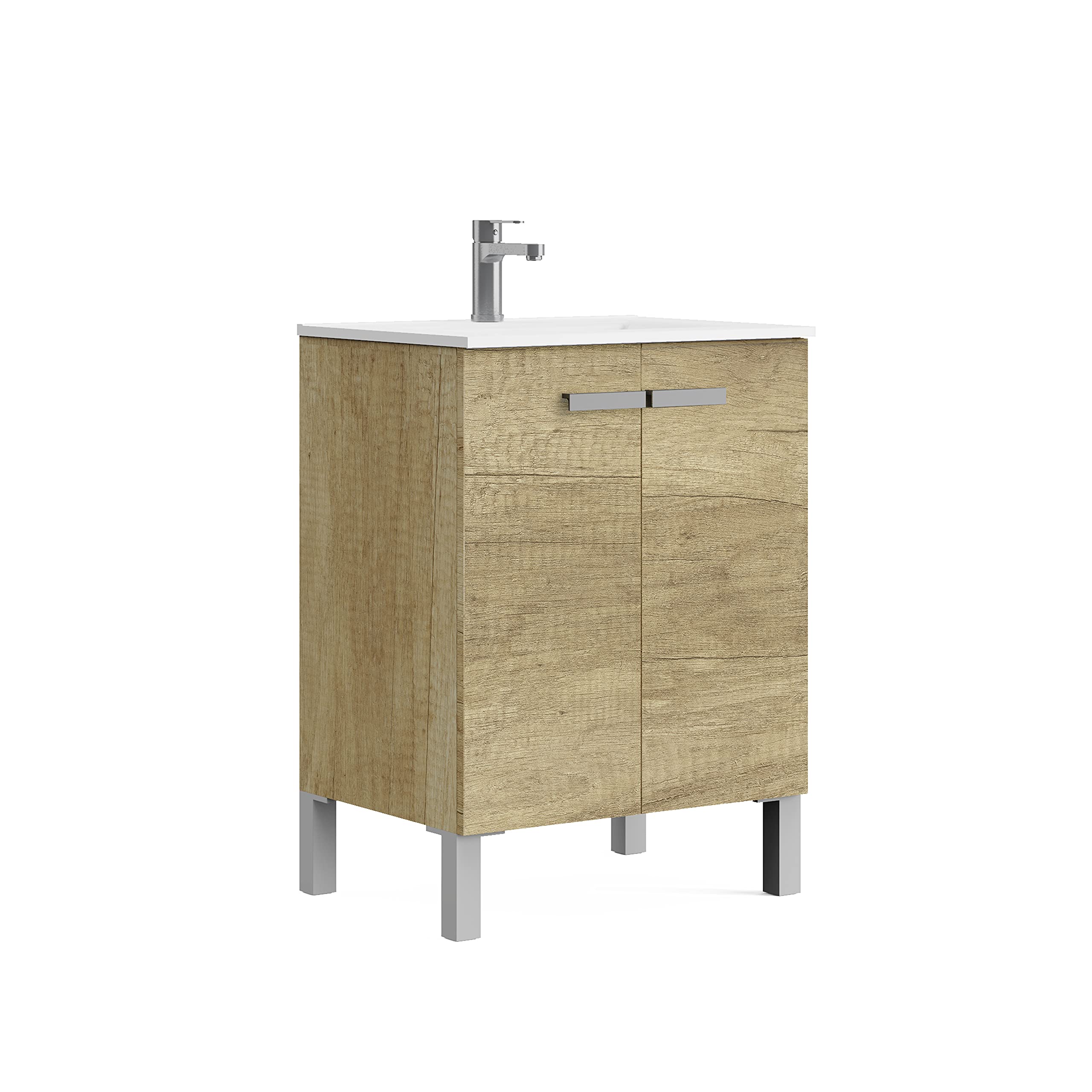 Baikal Mueble de Baño Neo, Dos Puertas, Mueble con Patas. Varios Acabados y Medidas. Melamina 16mm. Mueble MONTADO. 2 Puertas sin Espejo 60 cm Nature