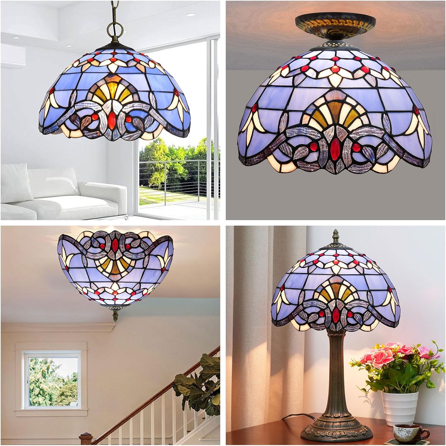 12 Inch Baroque Lamp Shade Replacement Only, Tiffany Handmade Stained Glass Lampshade, Retro Lamp Cover Accessories Fit for Table Lamp Pendant Light Ceiling Fixture,Blue