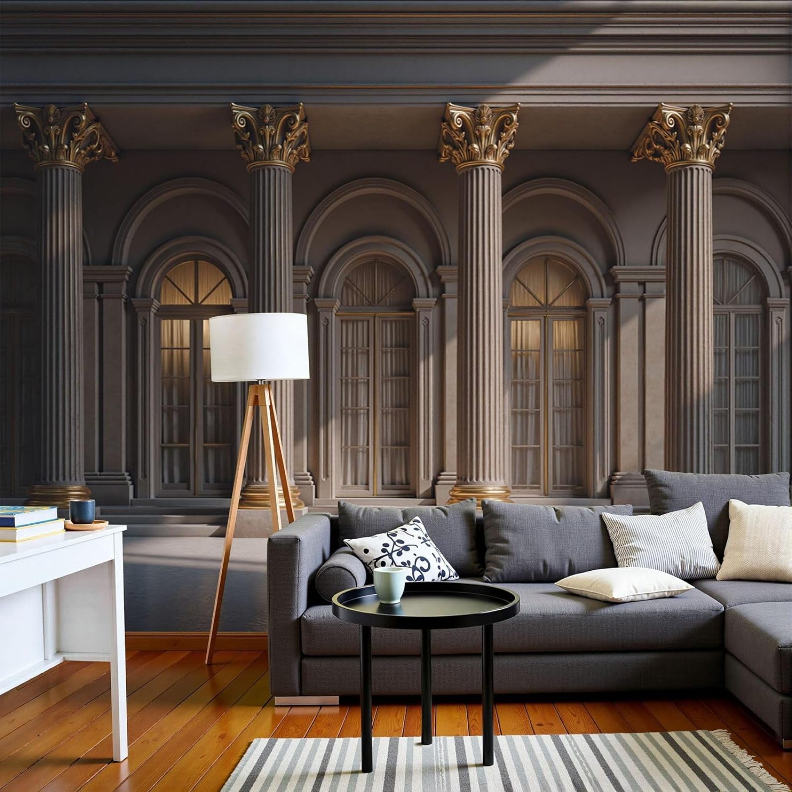 3D Effect Photo Wallpaper Classic Architecture Non-woven Poster Louvre Arches Stone Columns XXL Beige Wall Mural Living Room Bedroom Picture Wallpaper, 400cm x 280cm Stickers - Frameless Painting - Po