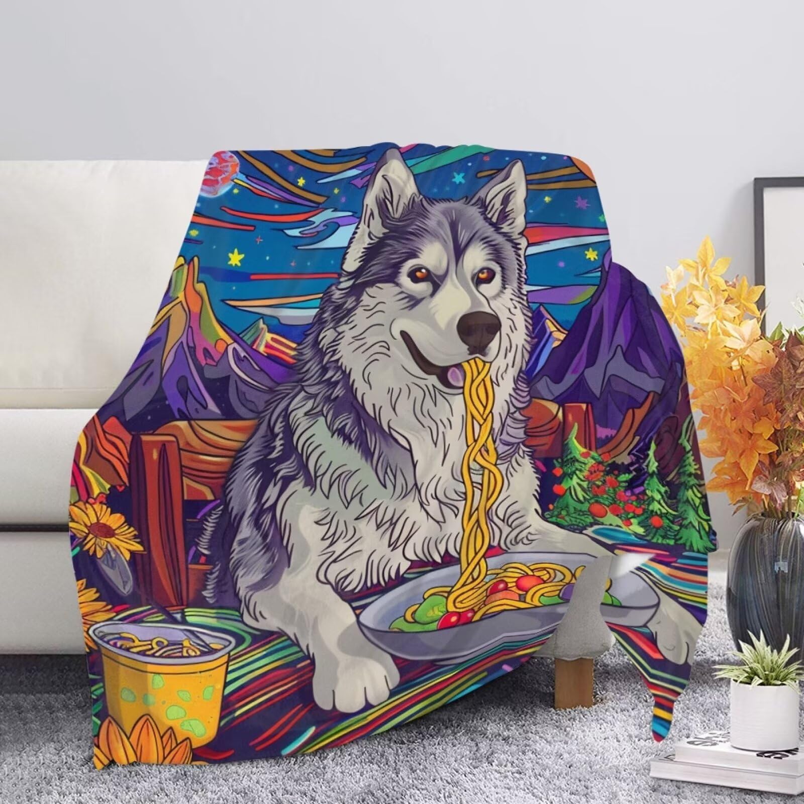 Novelty Print Fall Blanket for Couch Funny Alaskan Malamute Throw Blanket Spring Winter Warm Soft Chair Sofa Throws Bed Living Room Fuzzy Cozy Blue Blankets