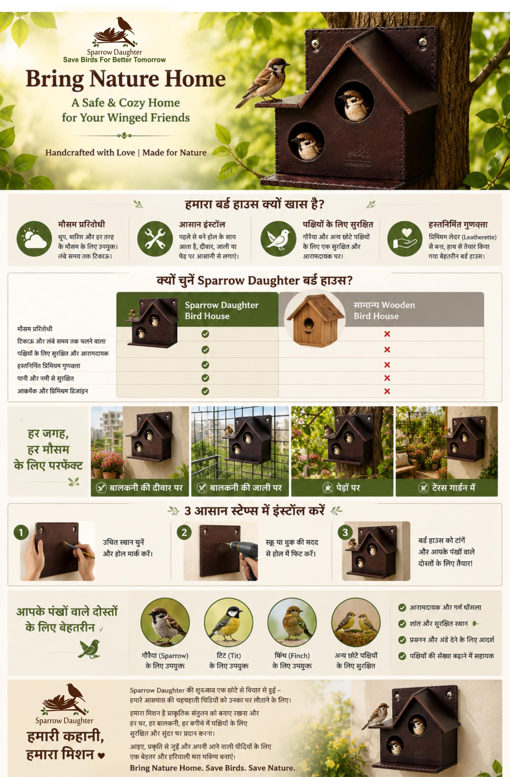 Sparrow Daughter Bird House – Original Leather, Hanging Nest Box for Balcony & Garden, Perfect for Sparrows, Lovebirds & Hummingbirds. Brown. Includes 50g Nesting Material Free! 3