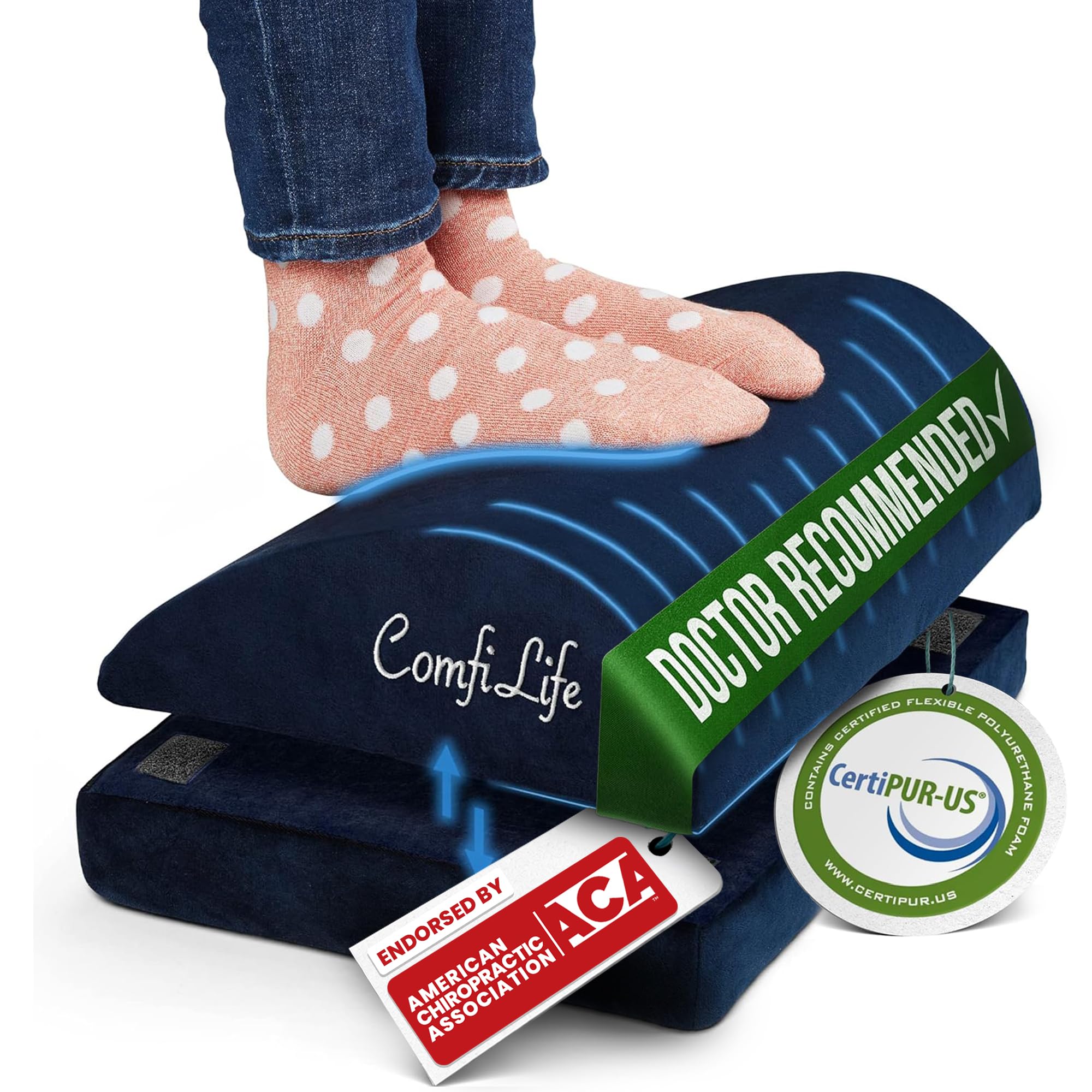 ComfiLife Foot Rest for Under Desk at Work – Adjustable Desk FootRest for Office Chair, Gaming Accessories – Ergonomic Teardrop Design for Back, Hip &amp; Leg Pain Relief – 100% Memory Foam (Navy)